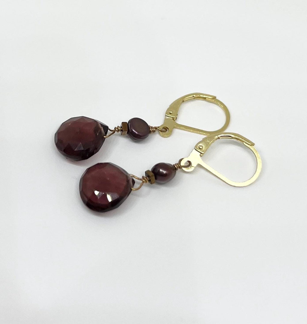 Red Gemstone Pearl Handmade Gold Dangle Earrings, Vermeil, Quartz