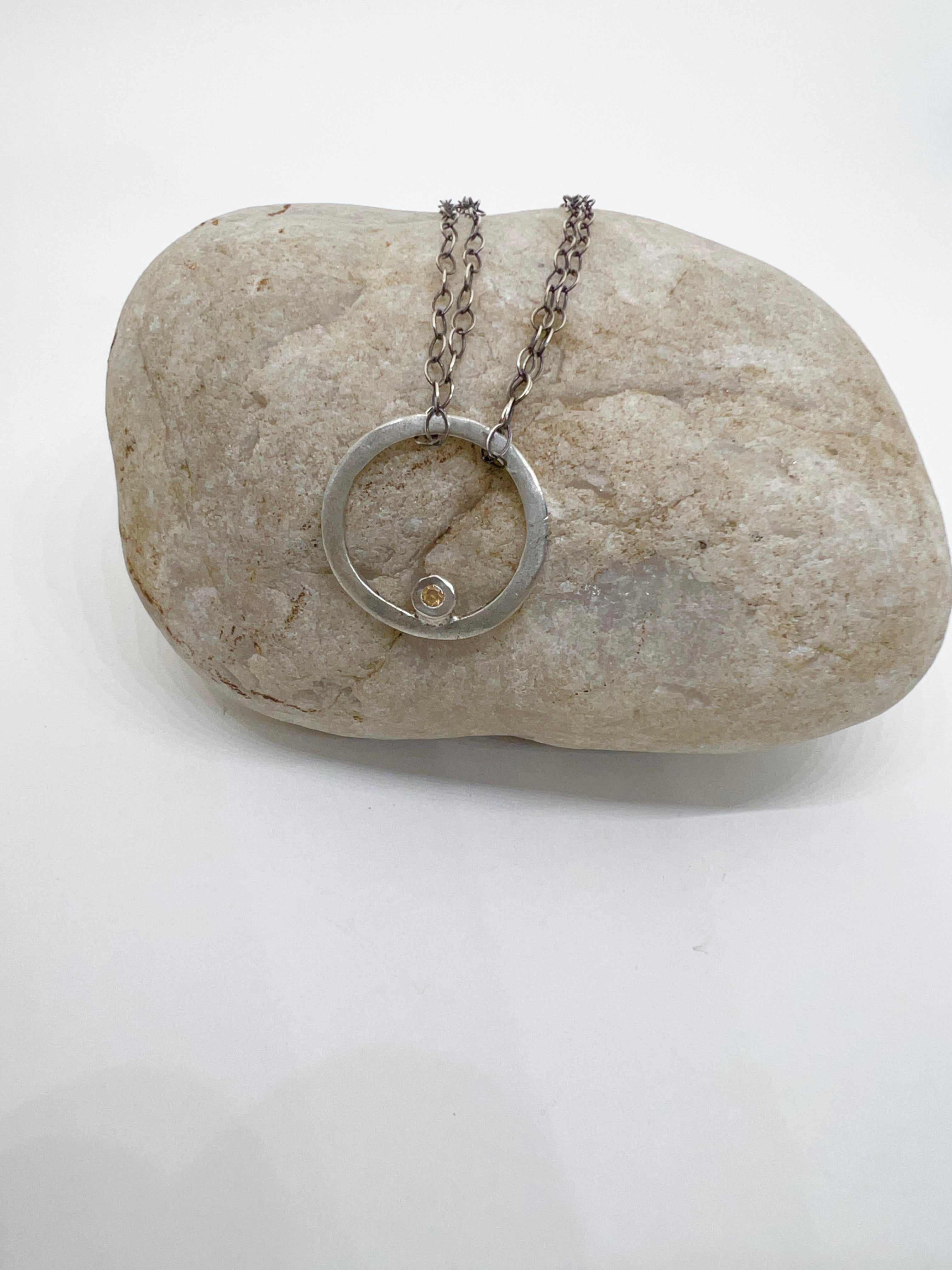 Handmade Citrine Circle Pendant Necklace, citrine CZ Necklace, Fine Silver Necklace, Sterling Silver Necklace, Handmade Necklace