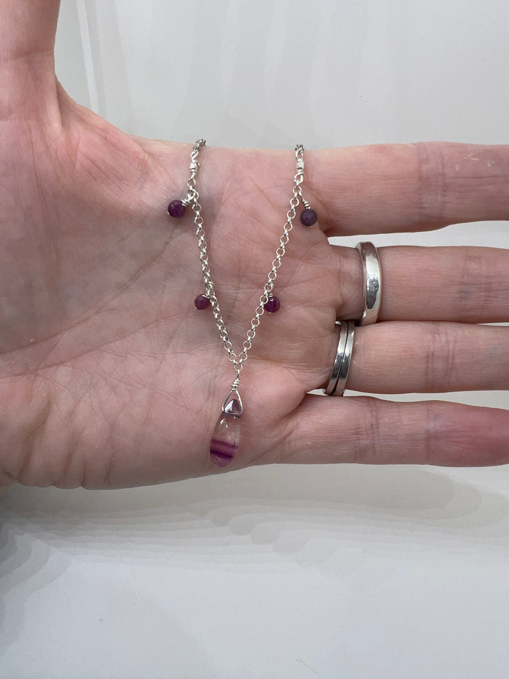Handmade Ruby Necklace, Sterling Silver Beaded Necklace, Fluorite Gemstone Necklace