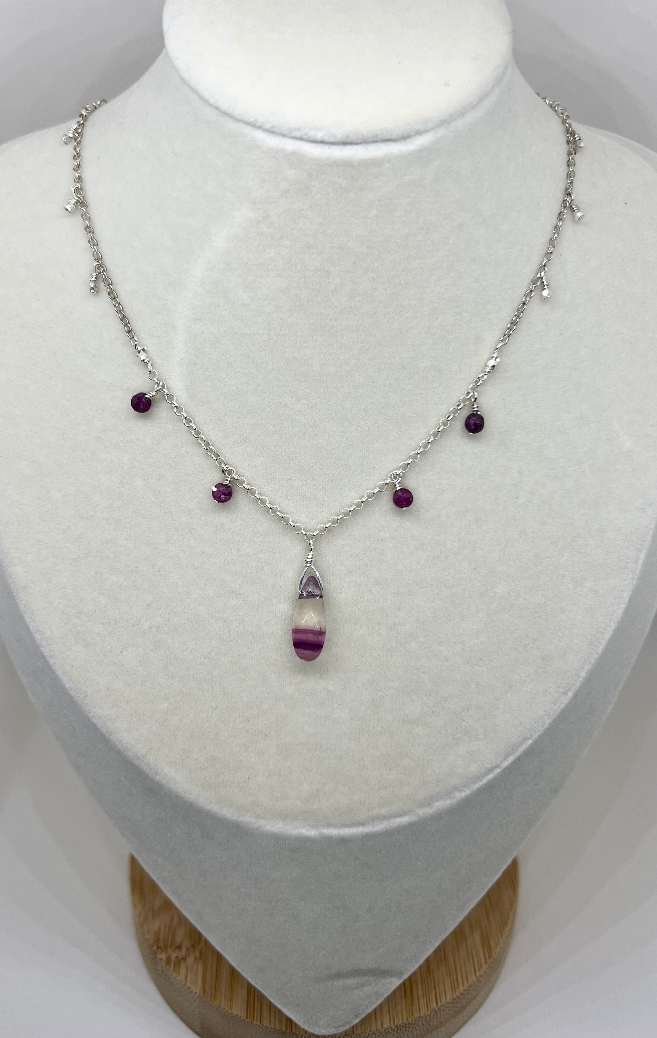 Handmade Ruby Necklace, Sterling Silver Beaded Necklace, Fluorite Gemstone Necklace