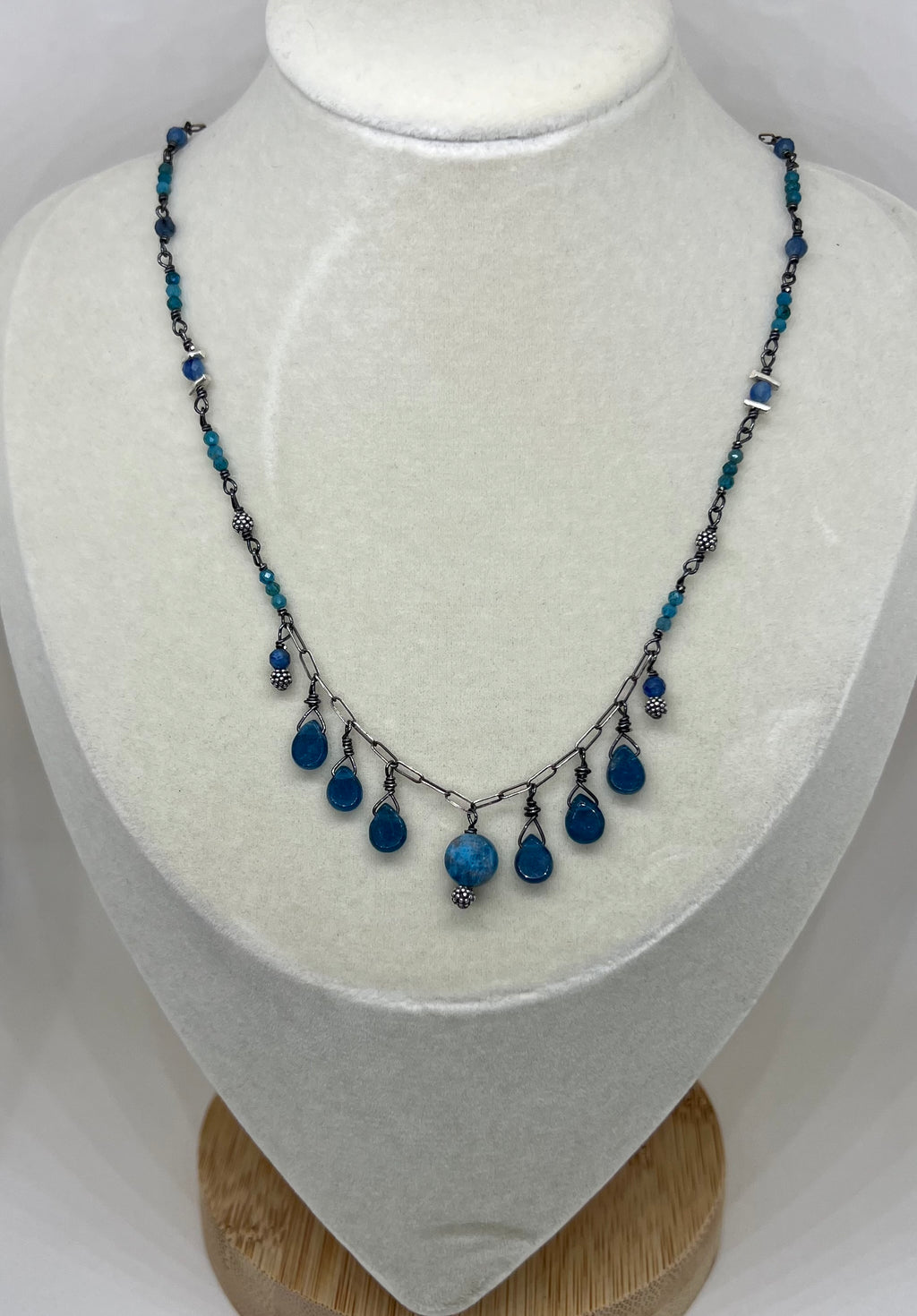 Handmade Blue Gemstone Necklace, Apatite Necklace, Beaded Natural Stone Necklace, Pendant Necklace, Sterling Silver Necklace