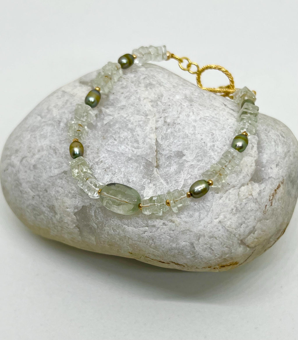 Green Handmade Beaded Bracelet, Pearl, Prasiolite, Green Amethyst, Vermeil, Natural Stone
