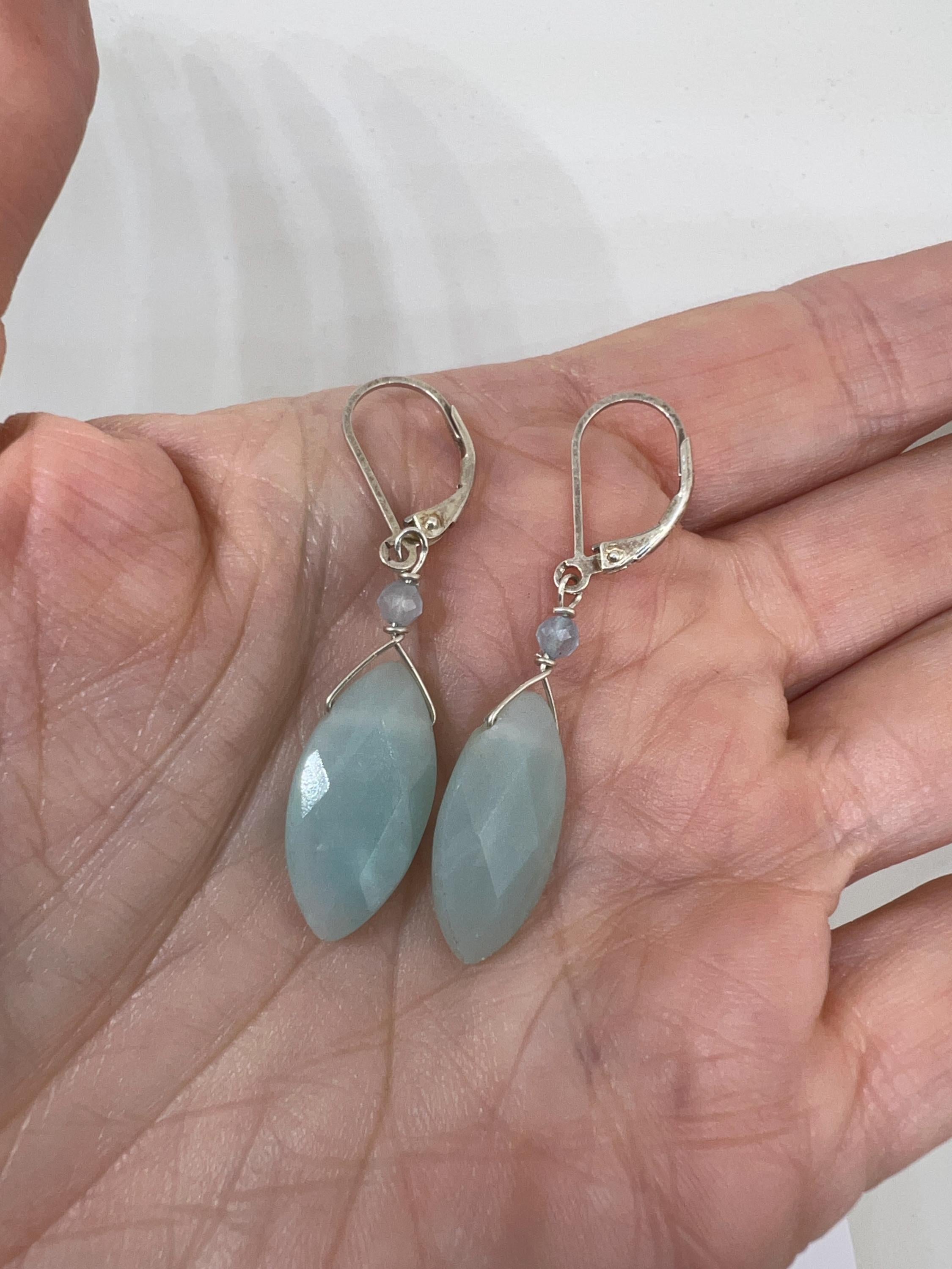 Sea Green Handmade Gemstone Silver Dangle Earrings, Sterling, Drop, Amazonite, Aquamarine