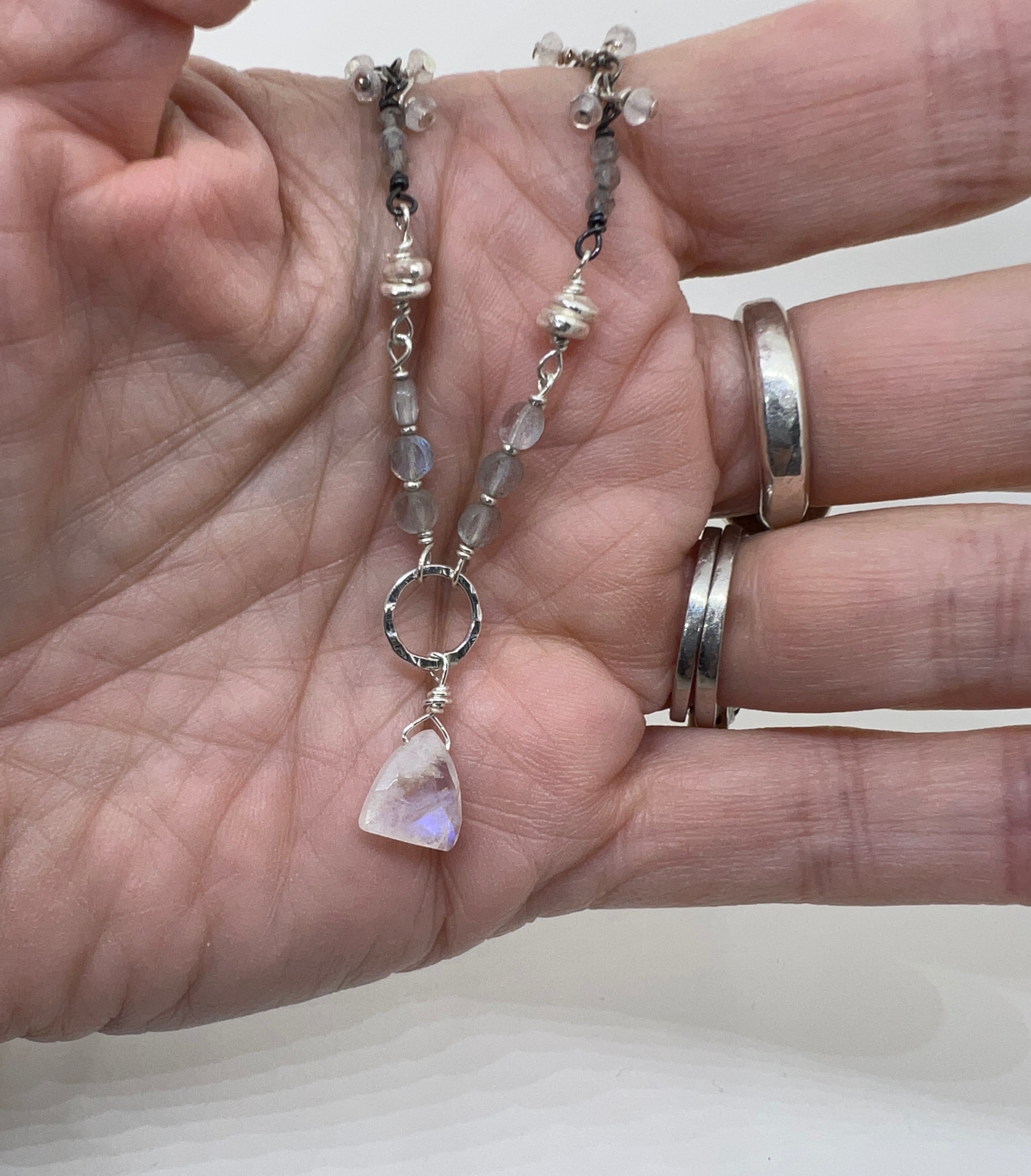 Handmade Moonstone Pendant Necklace, Rainbow Moonstone Necklace, Gemstone Beaded Necklace, Sterling Silver Necklace
