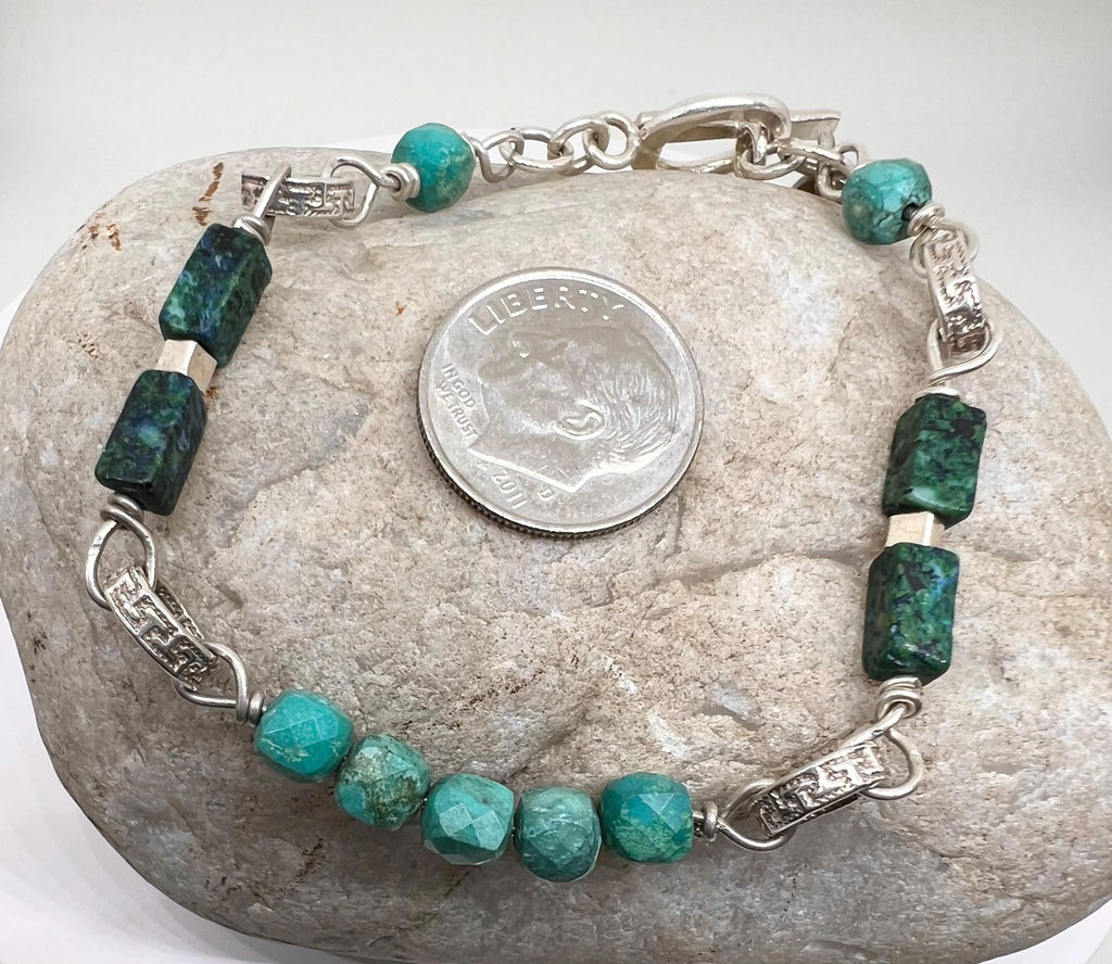 Turquoise Sterling Bracelet Handmade Vintage, Greek Key, Jewelry, Gemstone, Chrysocolla, Gree, Blue