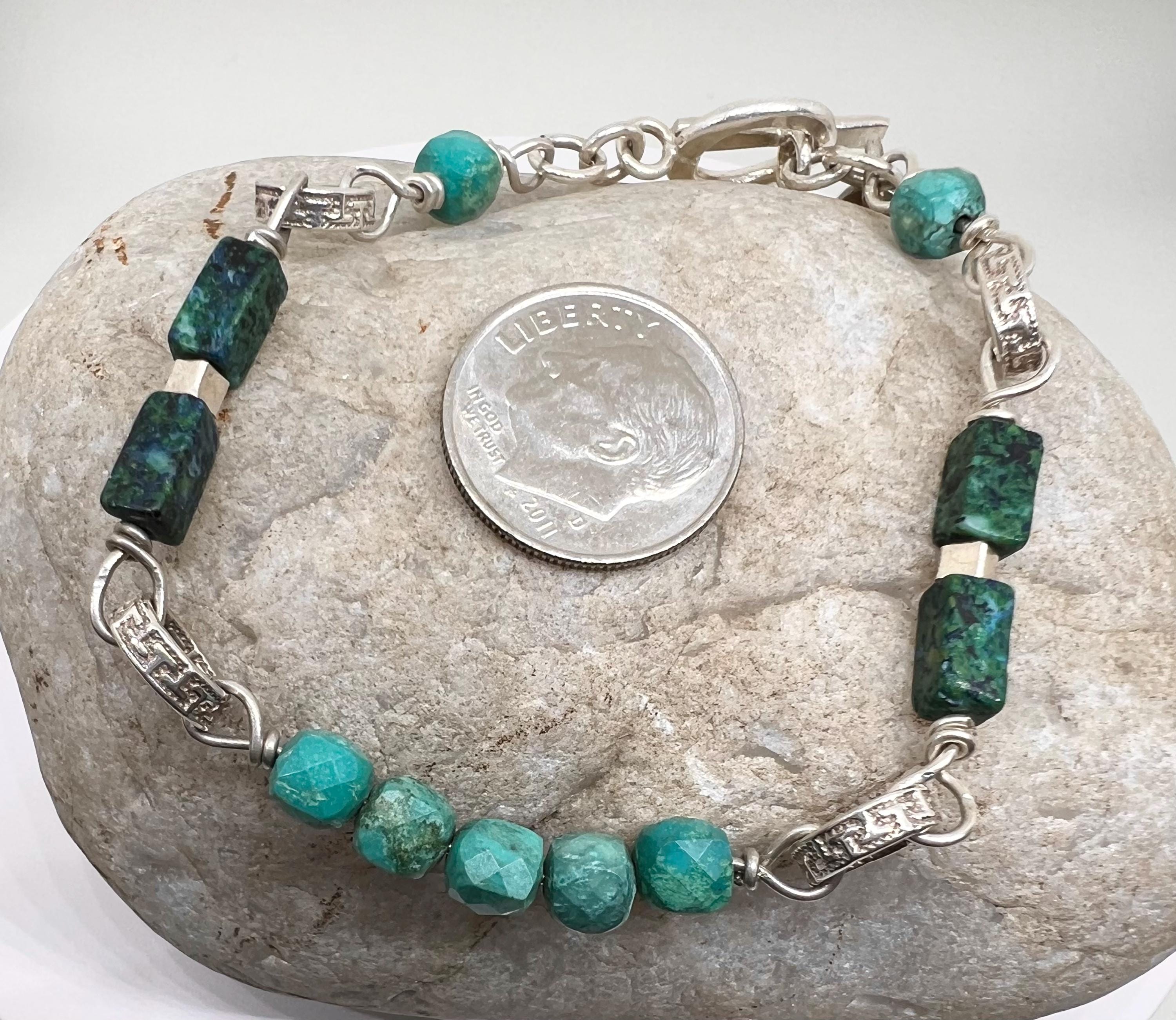 Turquoise Sterling Bracelet Handmade Vintage, Greek Key, Jewelry, Gemstone, Chrysocolla, Gree, Blue