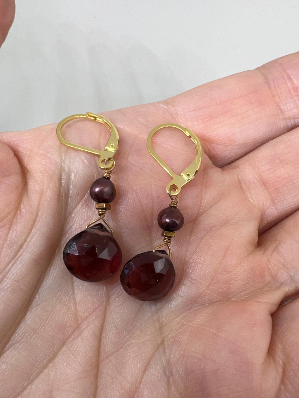 Red Gemstone Pearl Handmade Gold Dangle Earrings, Vermeil, Quartz