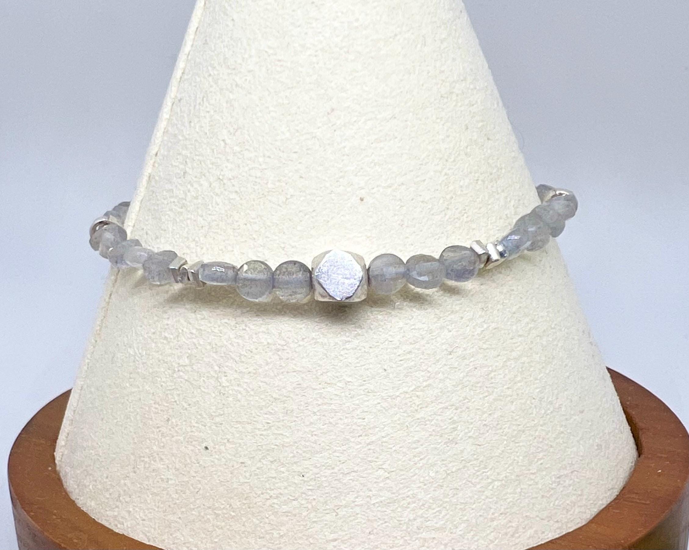 Blue Flash Gemstone Bracelet Handmade Beaded Sterling Silver, Silver, Jewelry, Labradorite