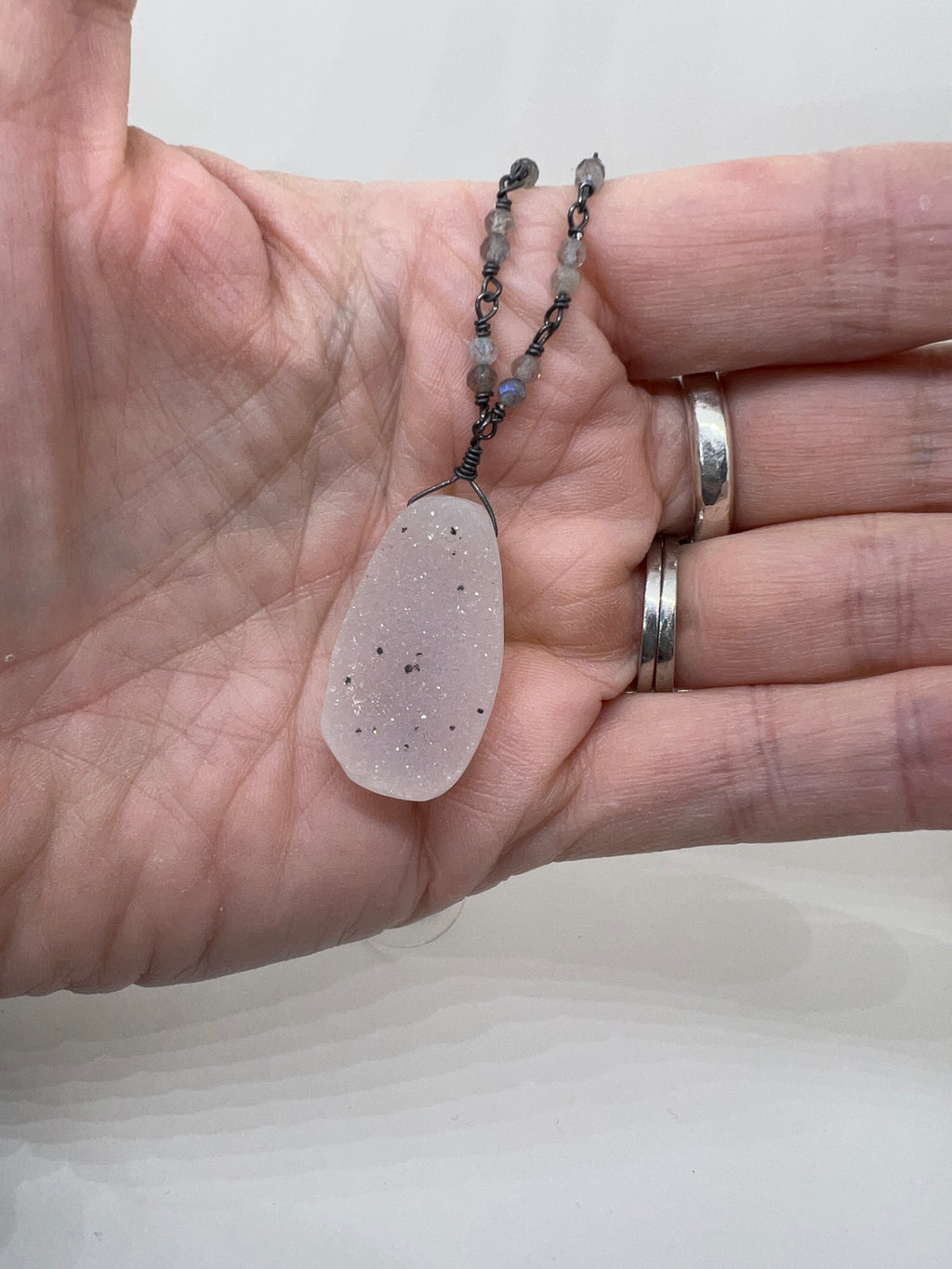 Handmade Pale Pink Gemstone Necklace, Drusy Chalcedony Necklace, Beaded Gemstone Necklace, Sterling Silver Rosary Chain Necklace