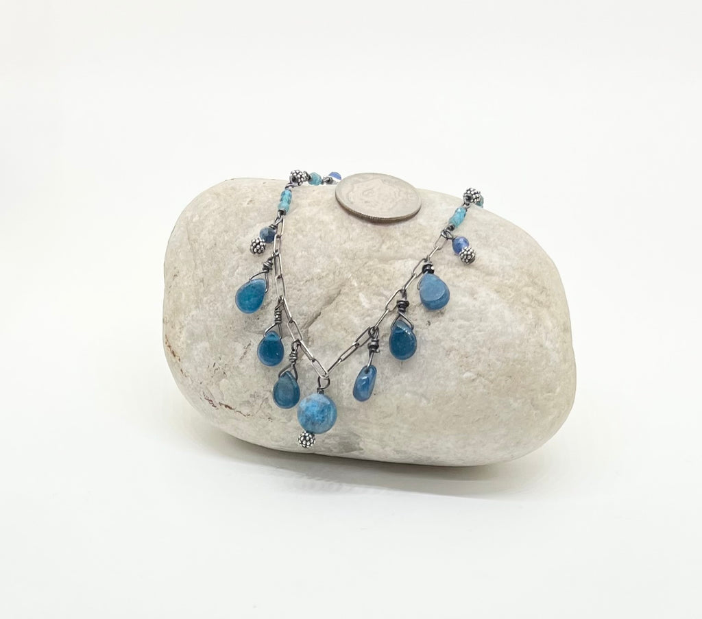 Handmade Blue Gemstone Necklace, Apatite Necklace, Beaded Natural Stone Necklace, Pendant Necklace, Sterling Silver Necklace