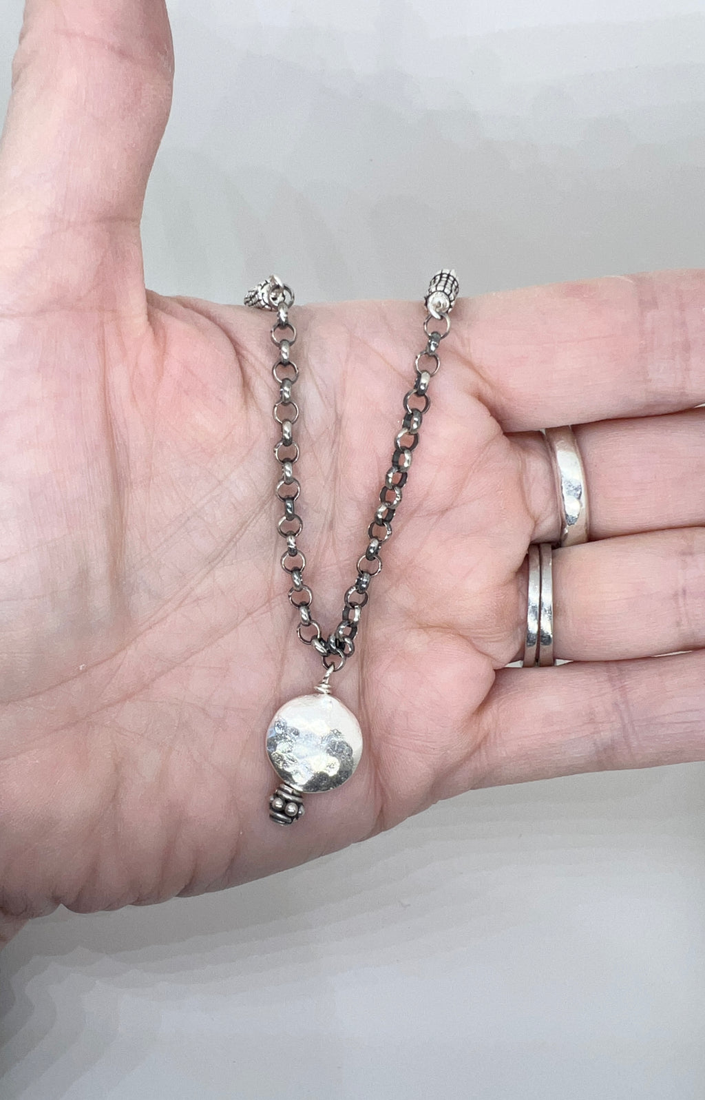 Handmade Sterling Silver Pendant Necklace, Hammered Sterling Silver Beaded Necklace