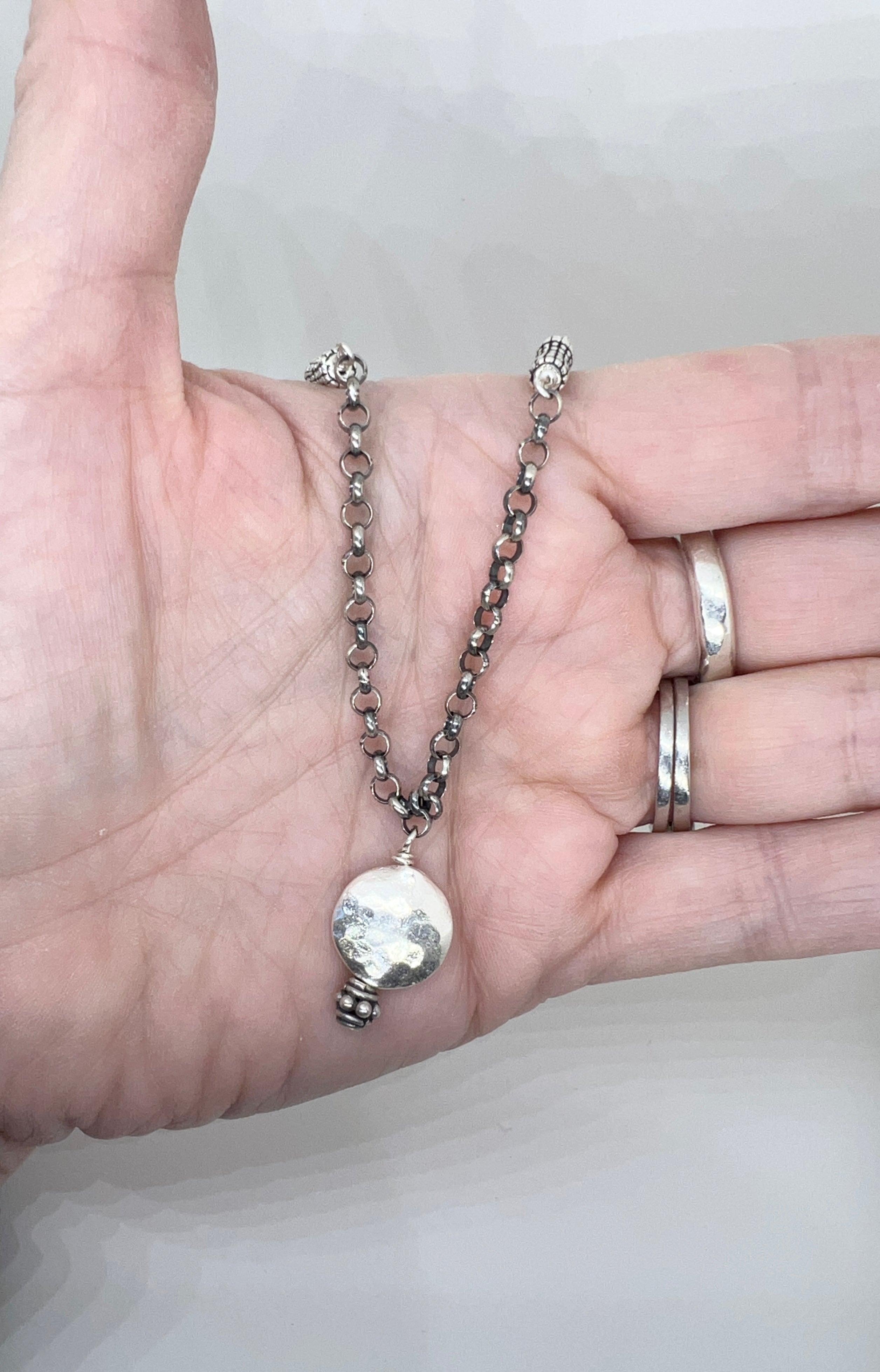 Handmade Sterling Silver Pendant Necklace, Hammered Sterling Silver Beaded Necklace