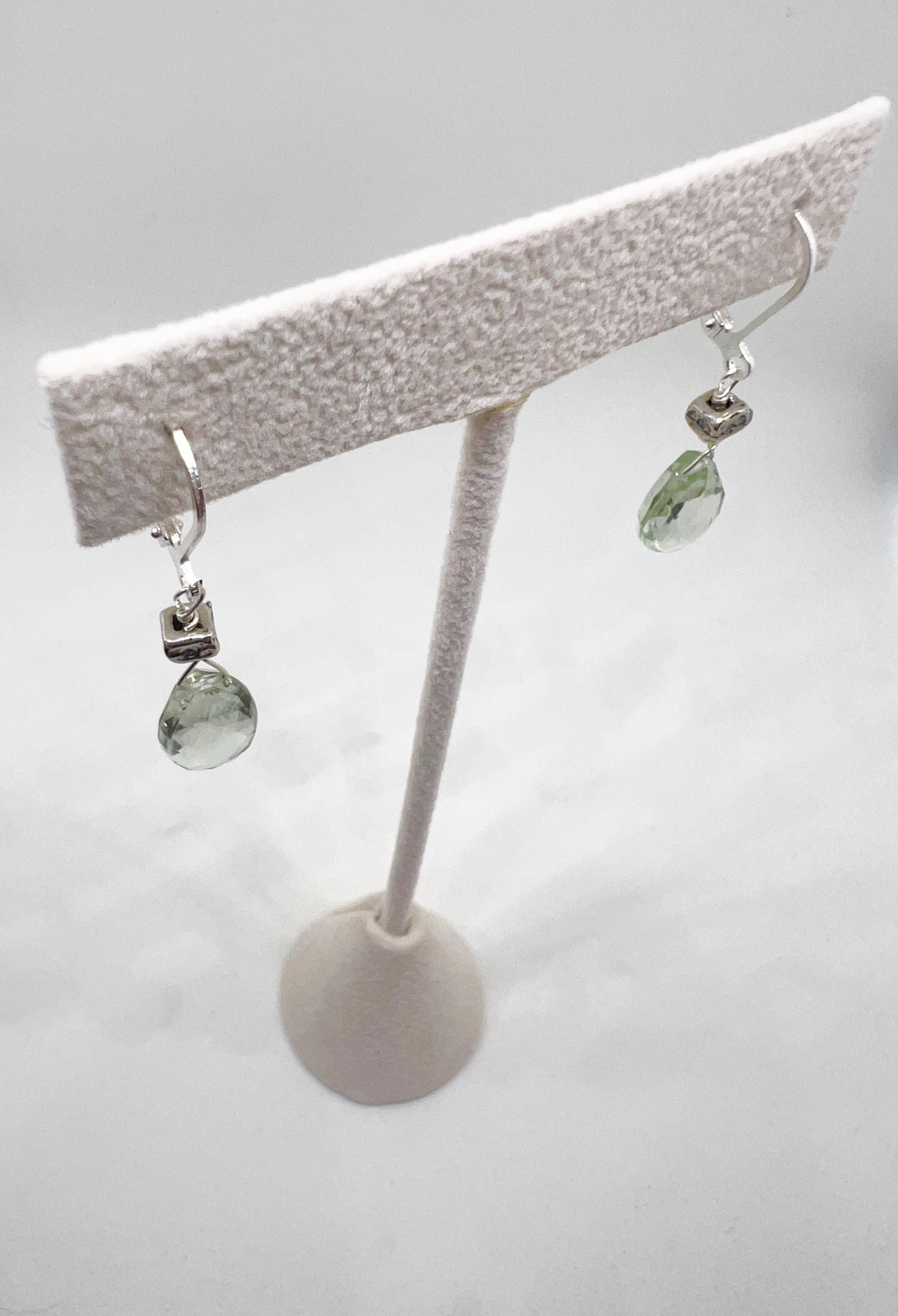 Pale Green Gemstone Silver Dangle Earrings, Green Amethyst, Prasiolite, Handmade, Teardrop Shape