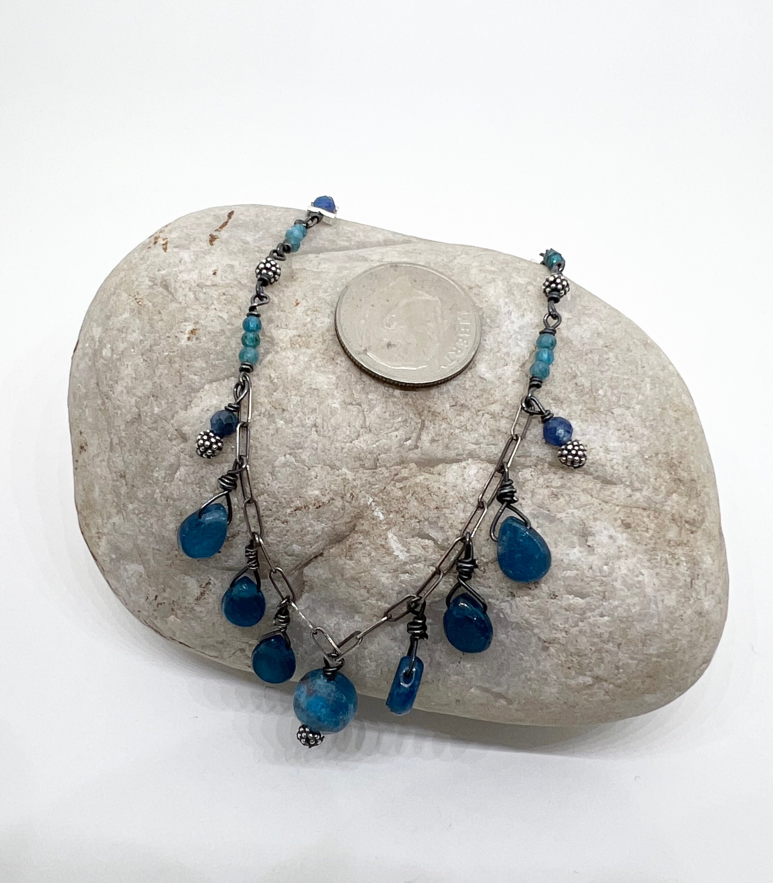 Handmade Blue Gemstone Necklace, Apatite Necklace, Beaded Natural Stone Necklace, Pendant Necklace, Sterling Silver Necklace