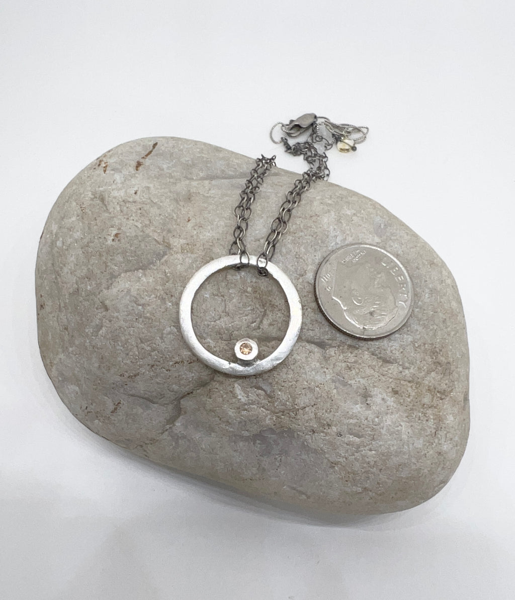 Handmade Citrine Circle Pendant Necklace, citrine CZ Necklace, Fine Silver Necklace, Sterling Silver Necklace, Handmade Necklace