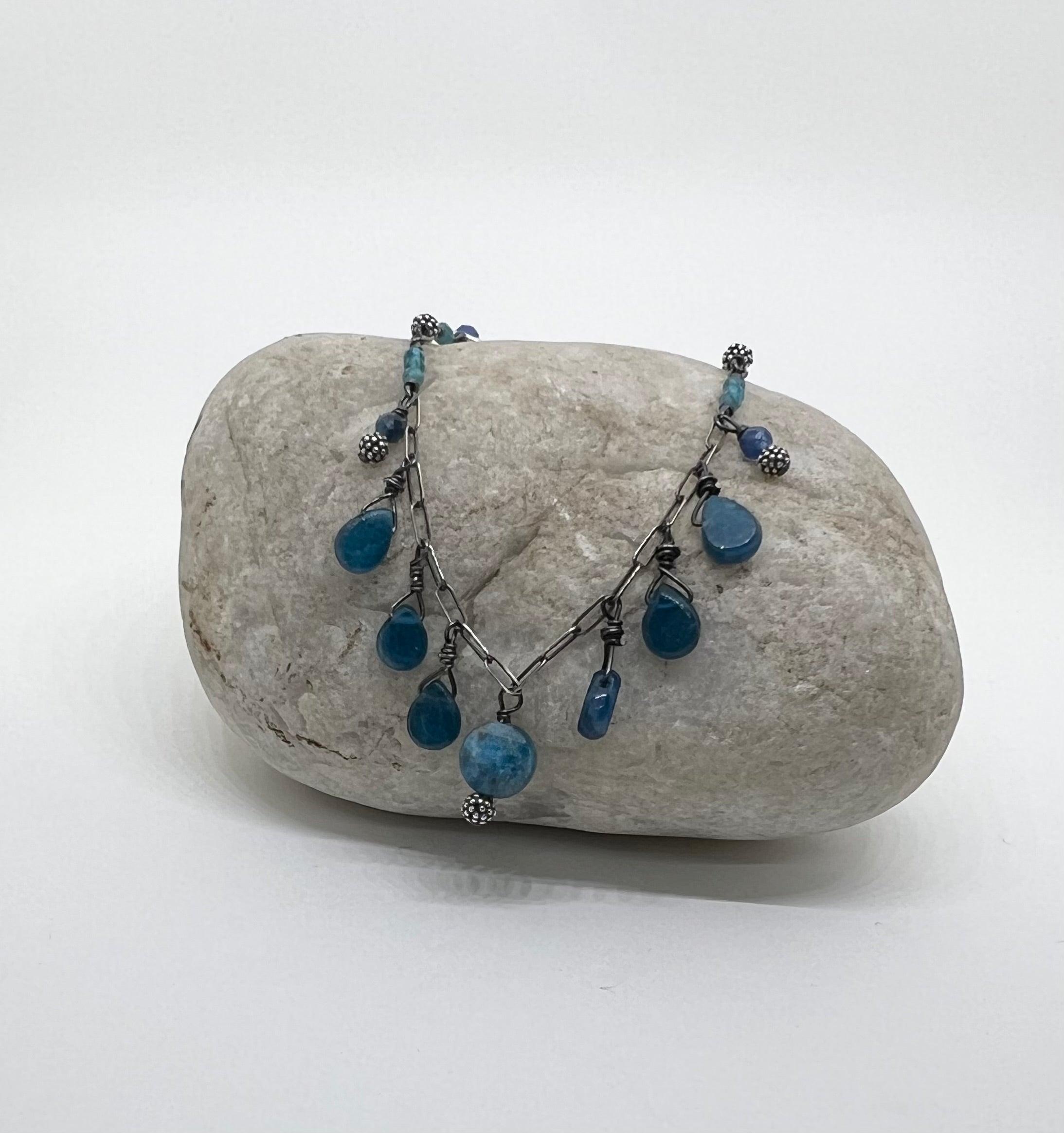Handmade Blue Gemstone Necklace, Apatite Necklace, Beaded Natural Stone Necklace, Pendant Necklace, Sterling Silver Necklace
