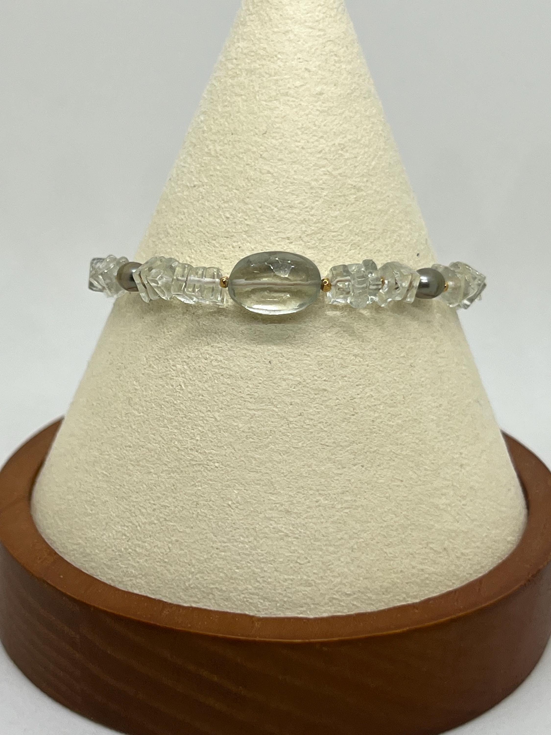 Green Handmade Beaded Bracelet, Pearl, Prasiolite, Green Amethyst, Vermeil, Natural Stone