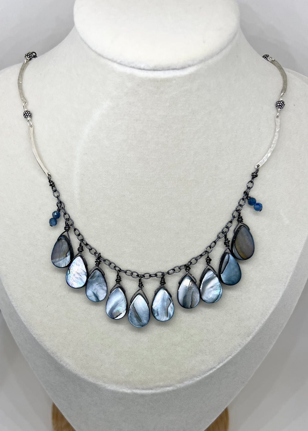 Handmade Blue Pendant Necklace, Blue Shell Necklace, Sterling Silver Beaded Necklace