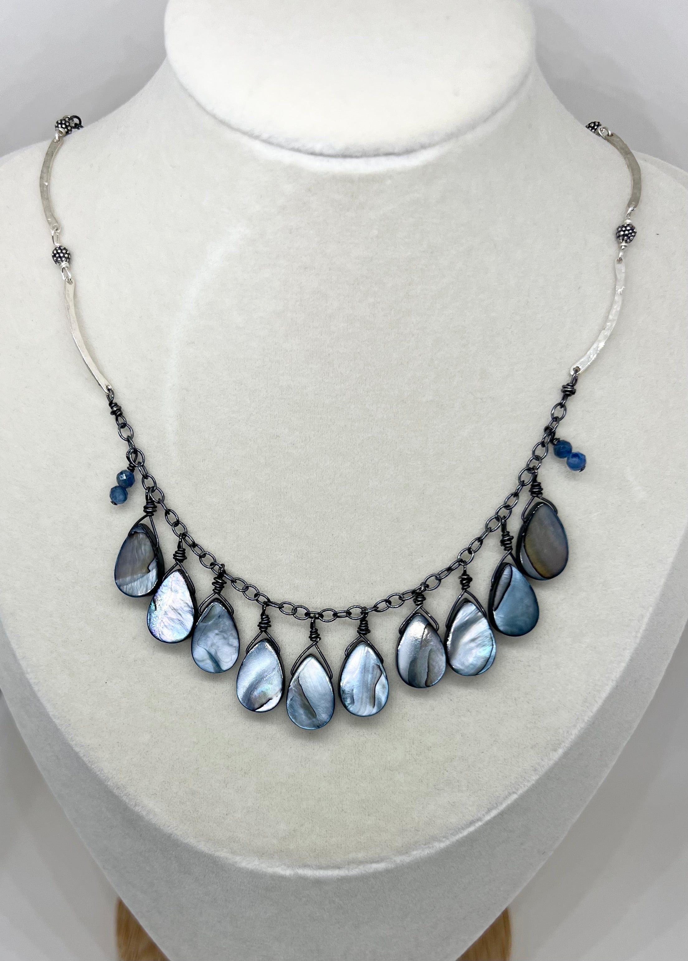 Handmade Blue Pendant Necklace, Blue Shell Necklace, Sterling Silver Beaded Necklace