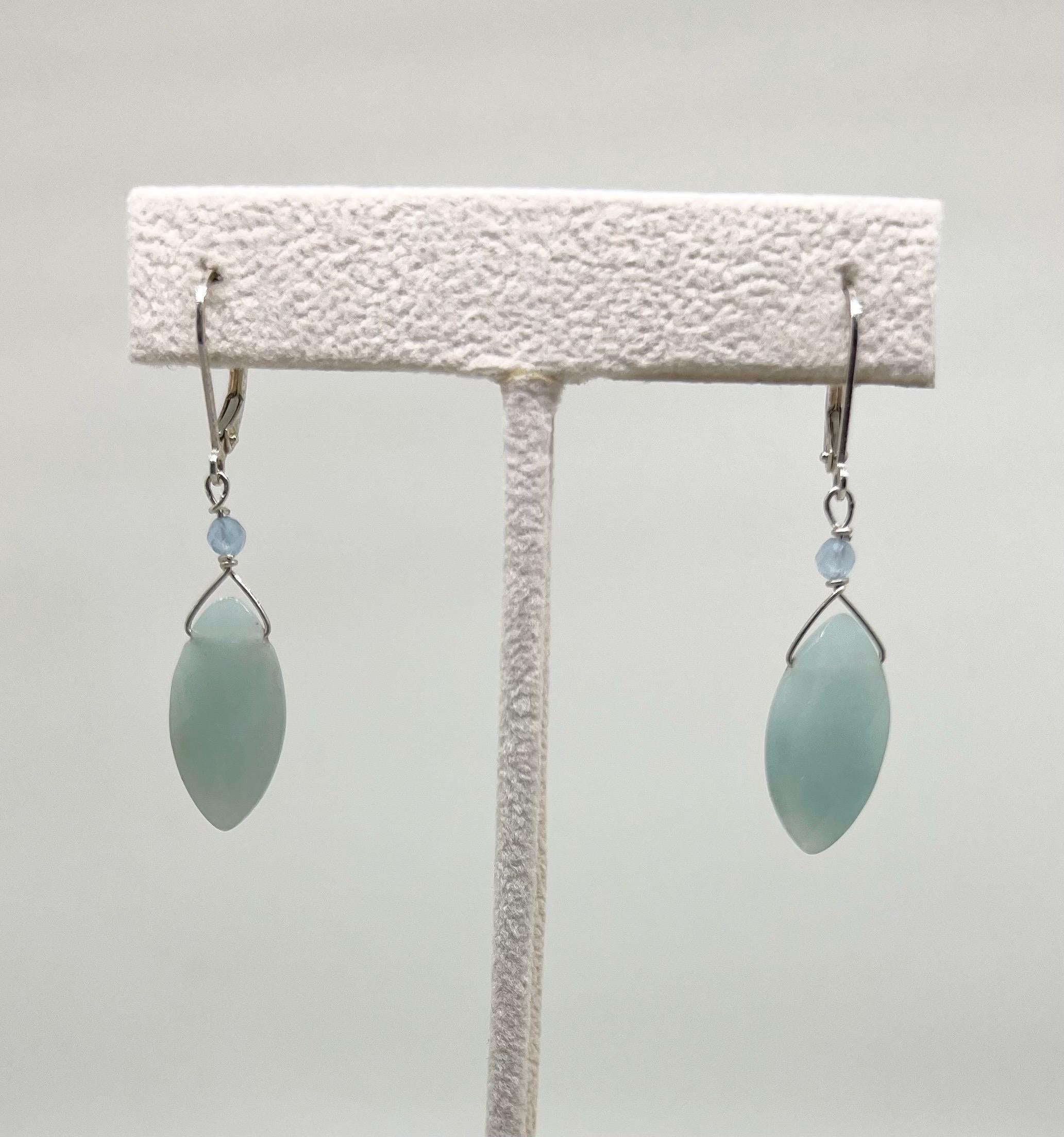 Sea Green Handmade Gemstone Silver Dangle Earrings, Sterling, Drop, Amazonite, Aquamarine