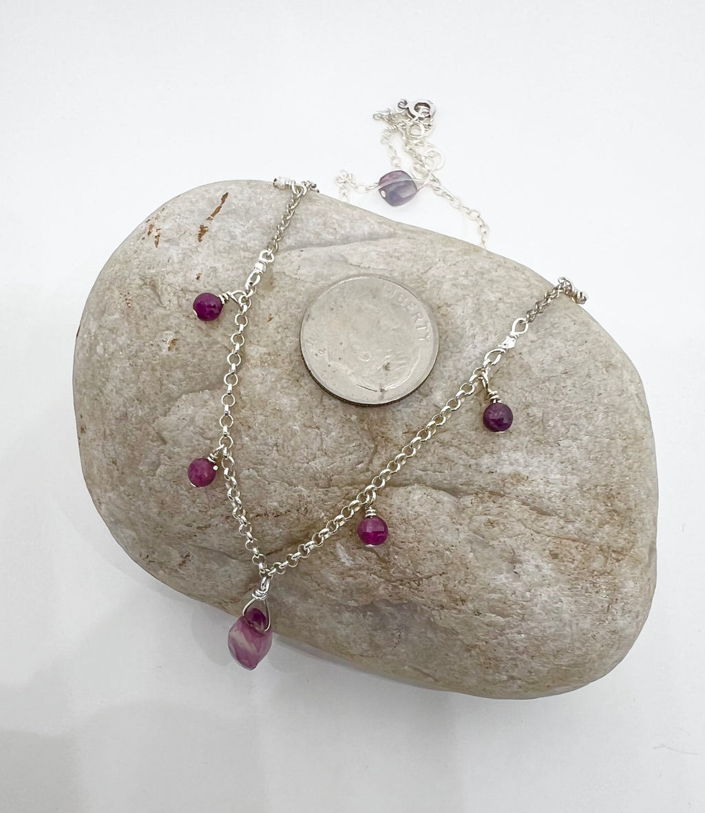 Handmade Ruby Necklace, Sterling Silver Beaded Necklace, Fluorite Gemstone Necklace