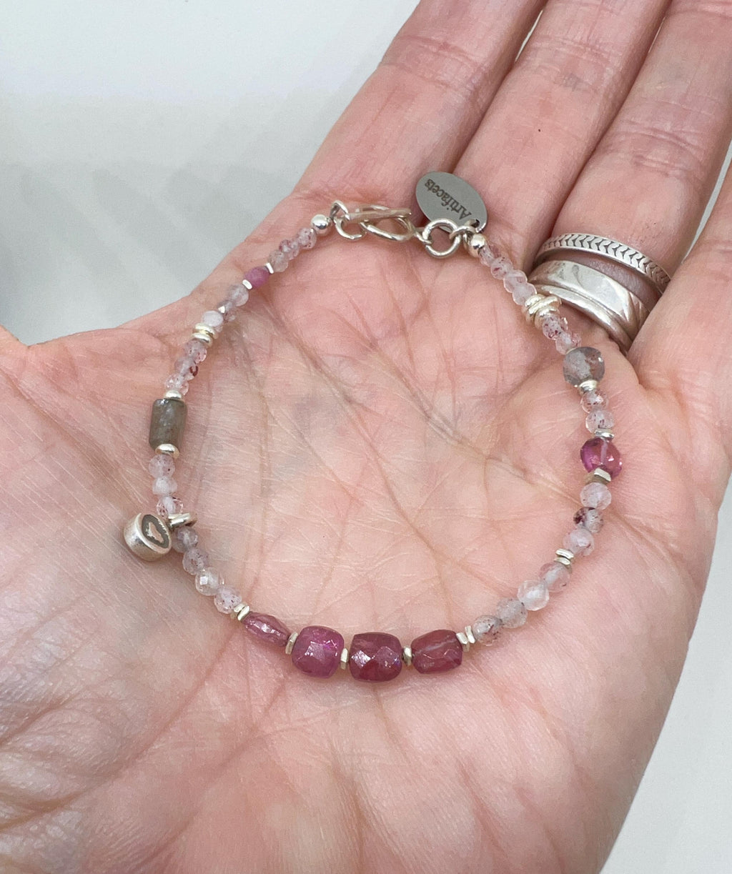 Pink Gemstone Handmade Beaded Bracelet, Jewelry, Sterling Silver, Tennis, Tourmaline, Strawberry Quartz