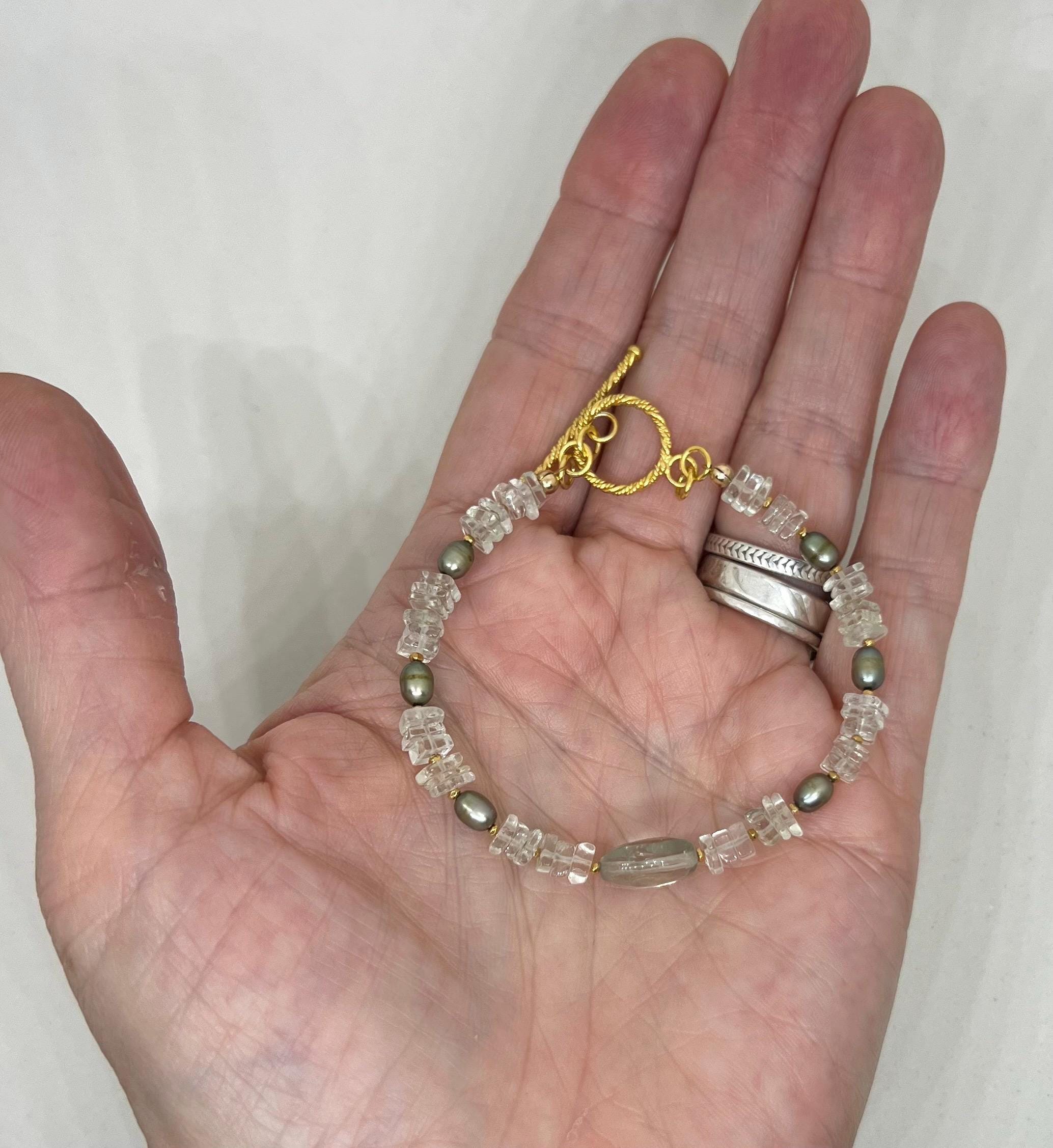 Green Handmade Beaded Bracelet, Pearl, Prasiolite, Green Amethyst, Vermeil, Natural Stone