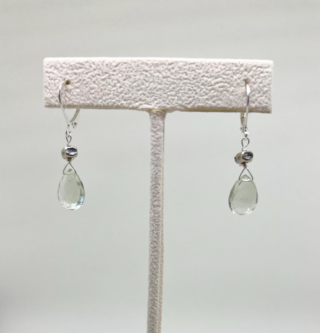 Pale Green Gemstone Silver Dangle Earrings, Green Amethyst, Prasiolite, Handmade, Teardrop Shape