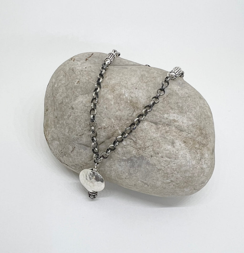 Handmade Sterling Silver Pendant Necklace, Hammered Sterling Silver Beaded Necklace