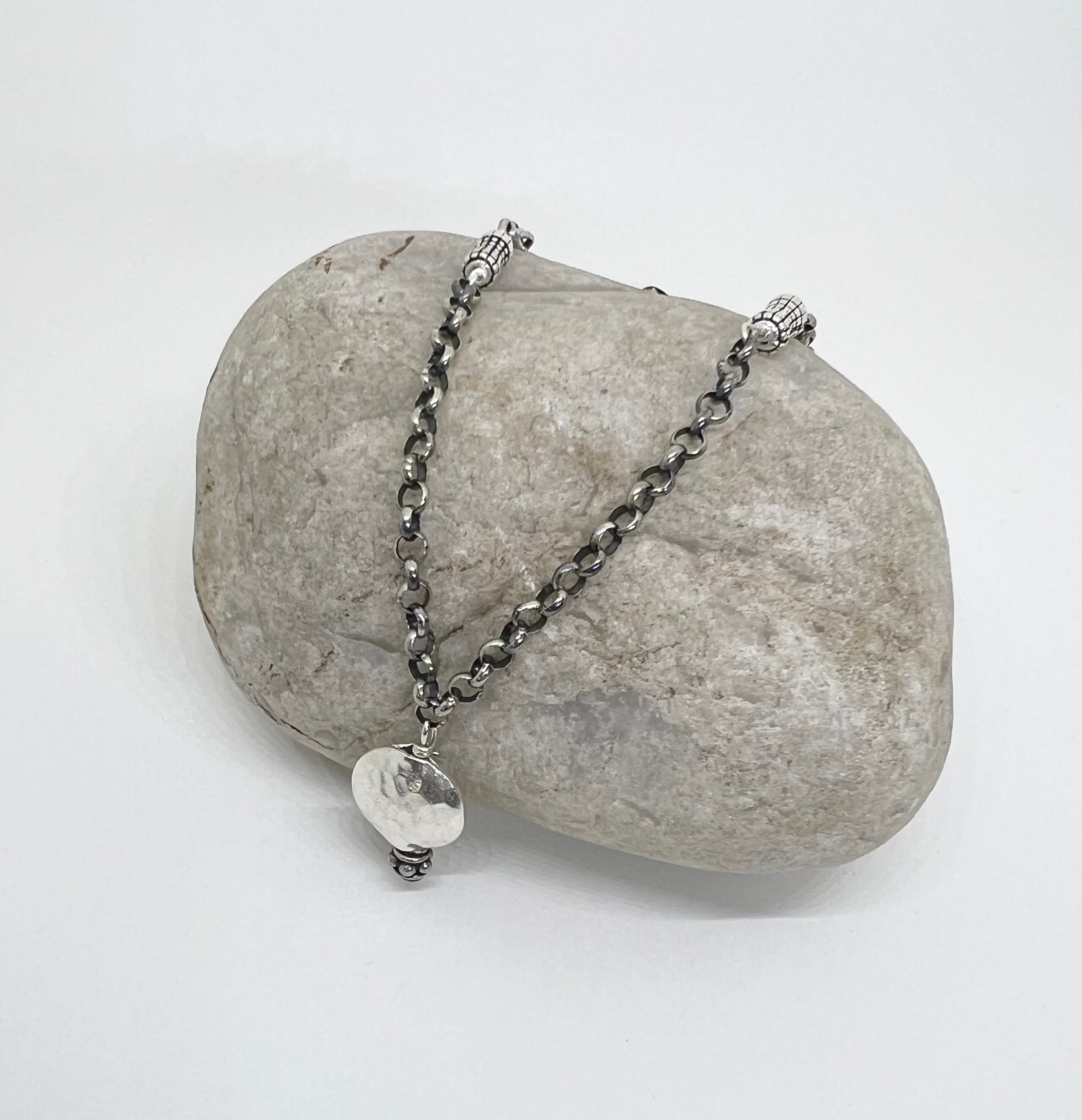 Handmade Sterling Silver Pendant Necklace, Hammered Sterling Silver Beaded Necklace