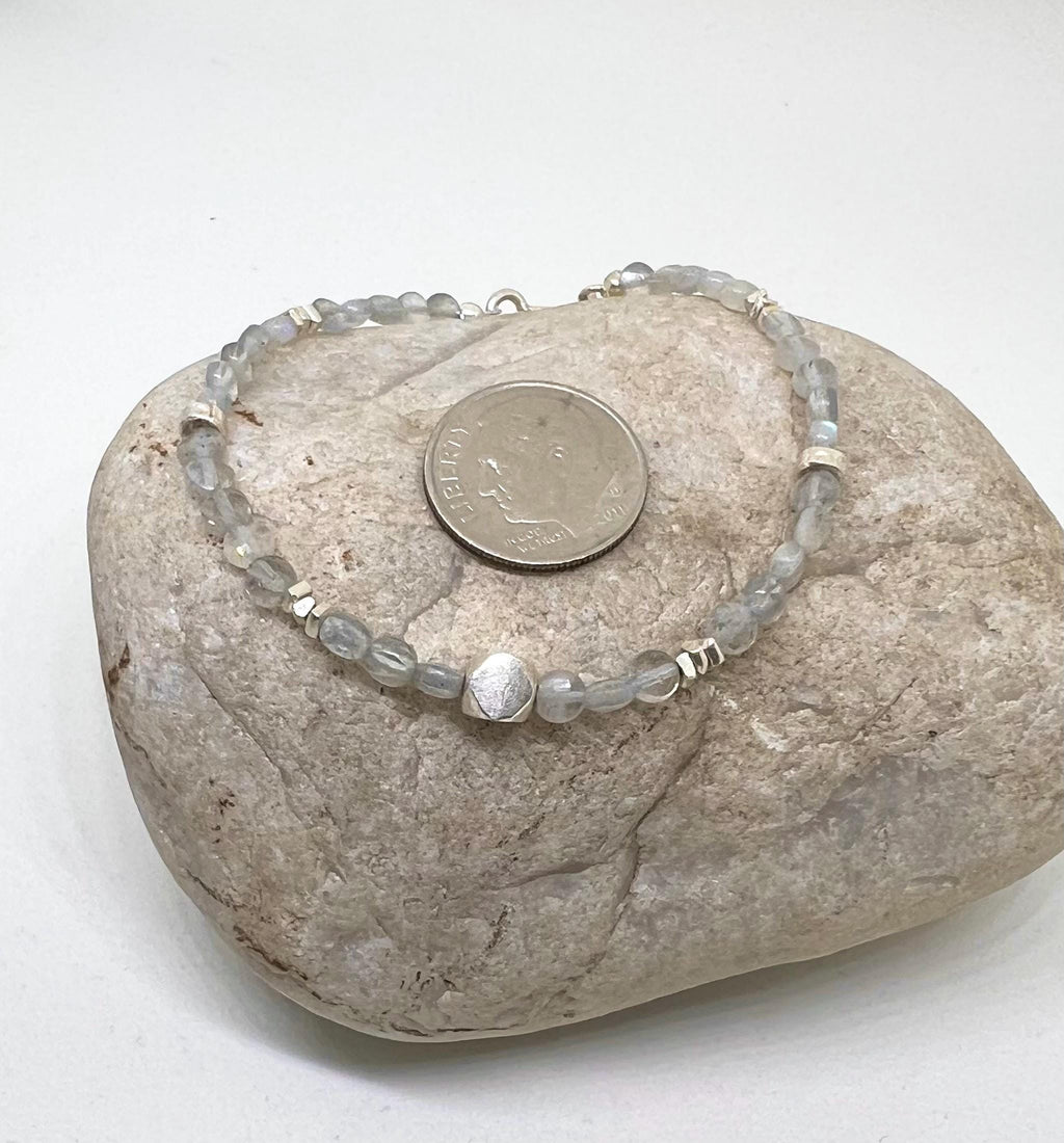 Blue Flash Gemstone Bracelet Handmade Beaded Sterling Silver, Silver, Jewelry, Labradorite