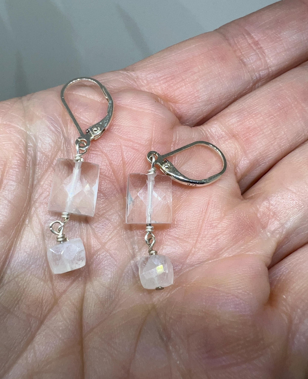 Dangle Earrings Gemstone Clear Quartz, Moonstone, Sterling Silver, Translucent, Handmade, Drop, Jewelry