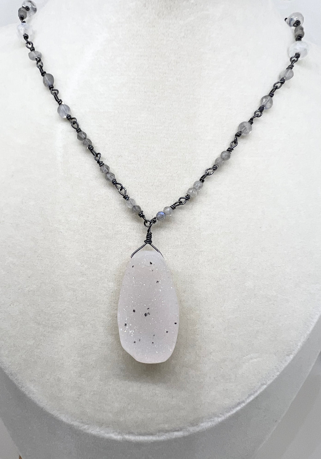 Handmade Pale Pink Gemstone Necklace, Drusy Chalcedony Necklace, Beaded Gemstone Necklace, Sterling Silver Rosary Chain Necklace