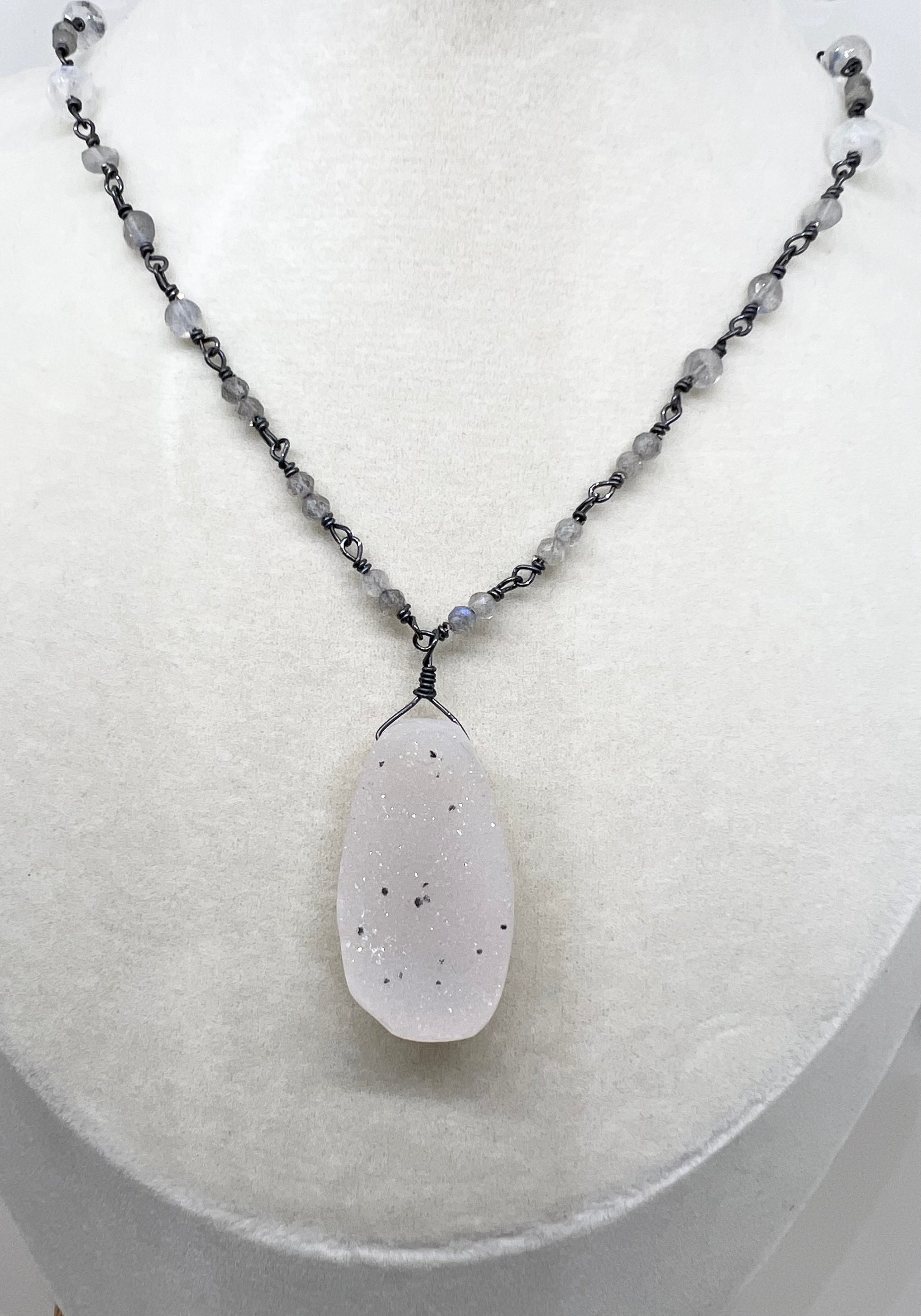 Handmade Pale Pink Gemstone Necklace, Drusy Chalcedony Necklace, Beaded Gemstone Necklace, Sterling Silver Rosary Chain Necklace