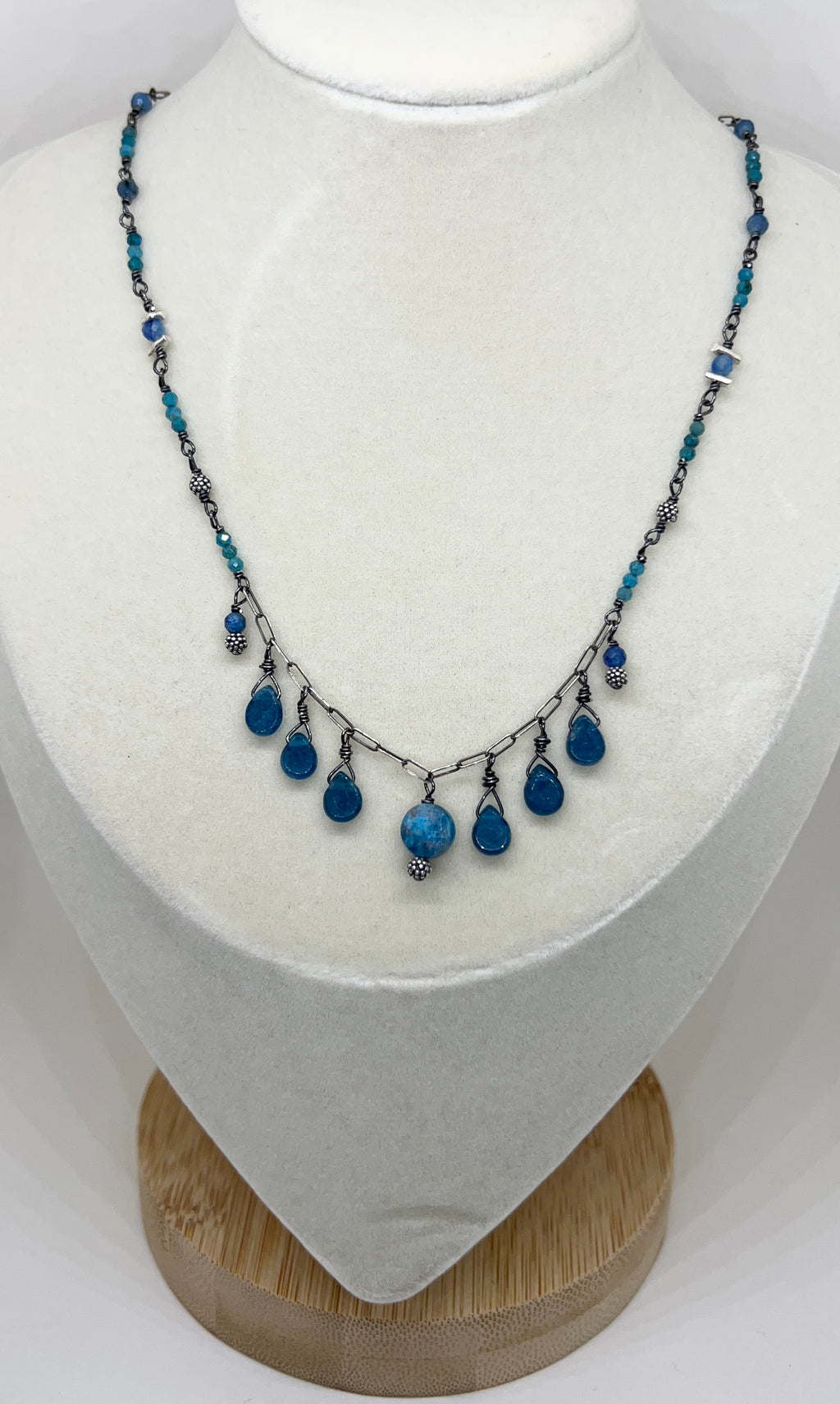 Handmade Blue Gemstone Necklace, Apatite Necklace, Beaded Natural Stone Necklace, Pendant Necklace, Sterling Silver Necklace