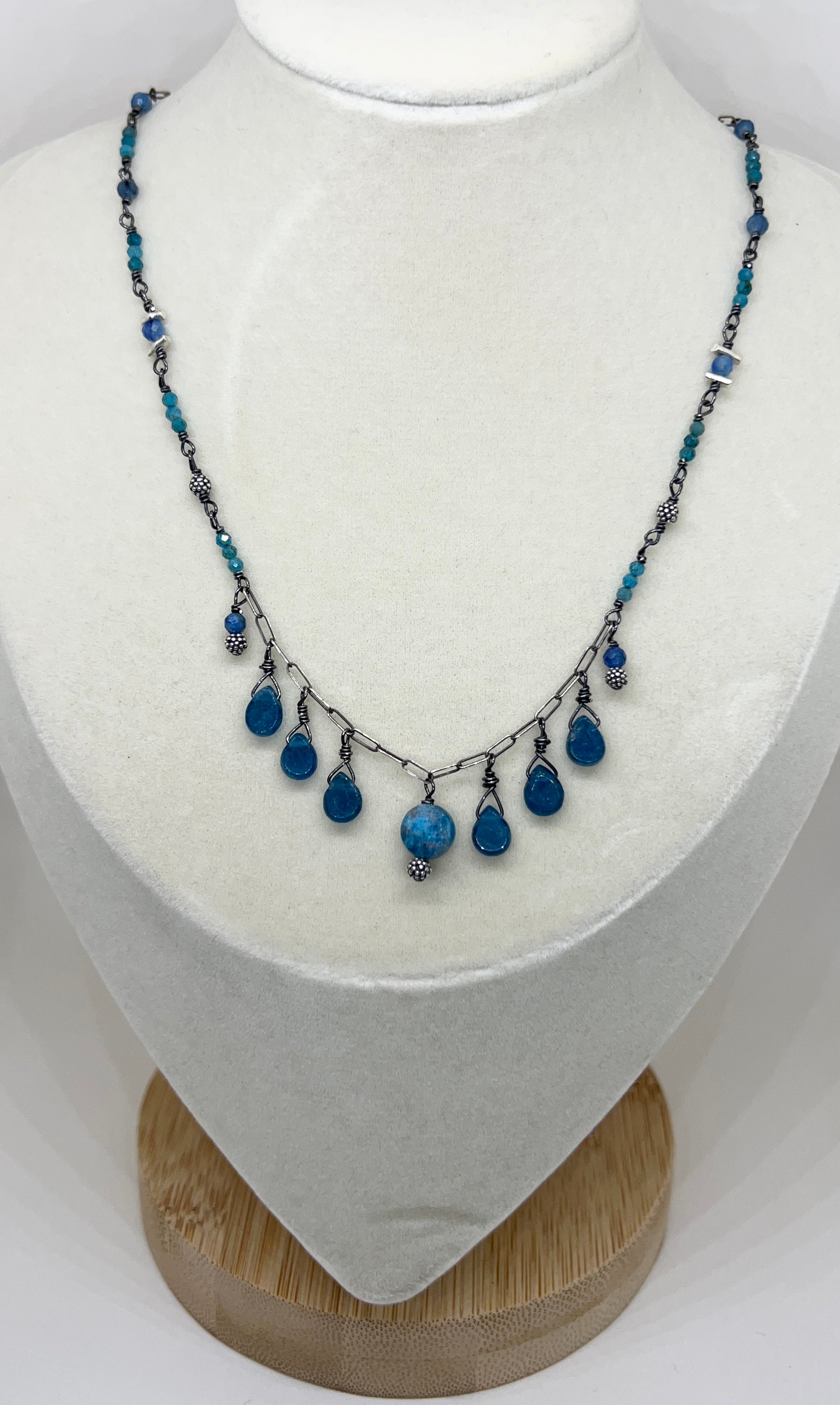 Handmade Blue Gemstone Necklace, Apatite Necklace, Beaded Natural Stone Necklace, Pendant Necklace, Sterling Silver Necklace
