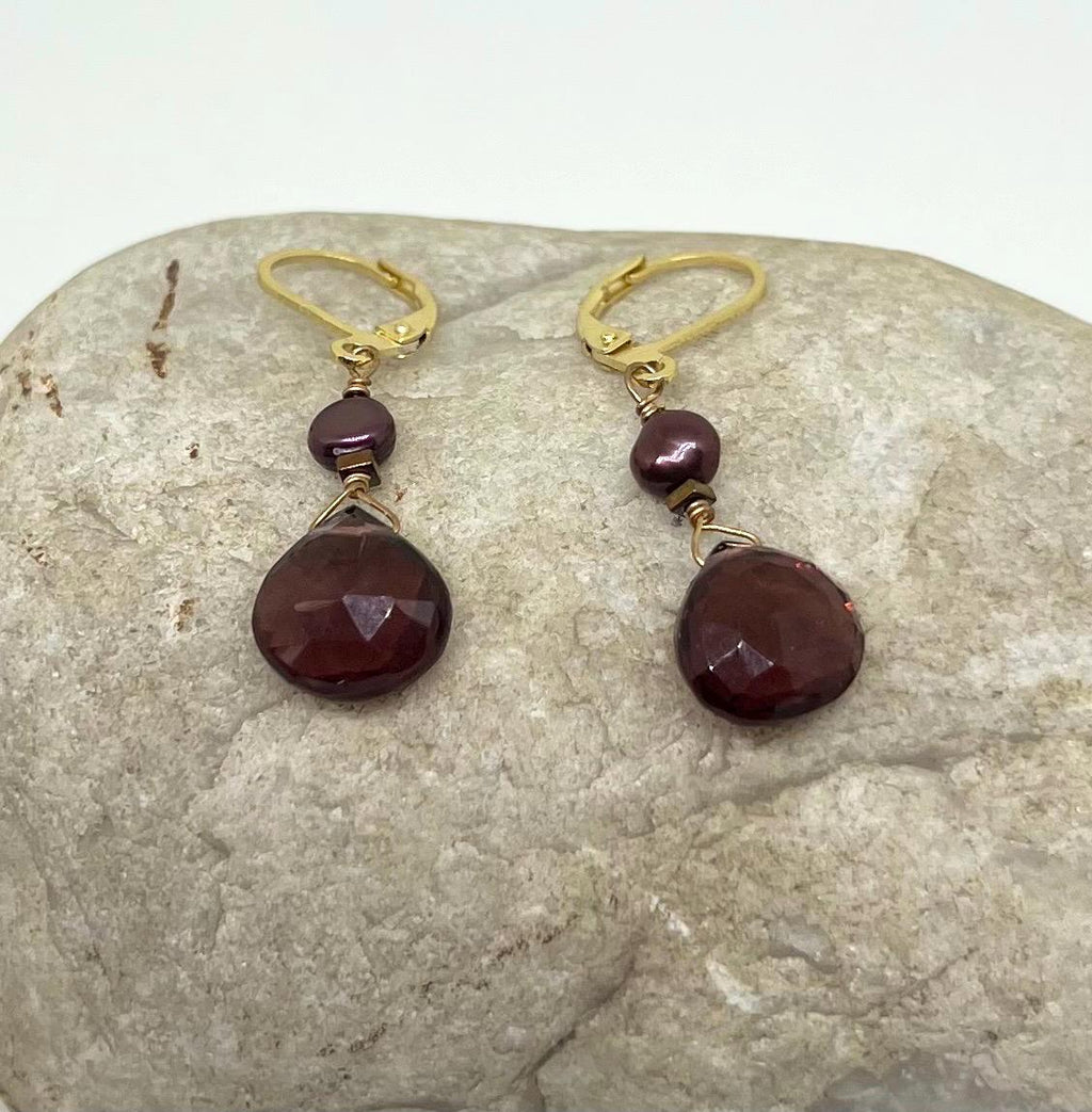 Red Gemstone Pearl Handmade Gold Dangle Earrings, Vermeil, Quartz