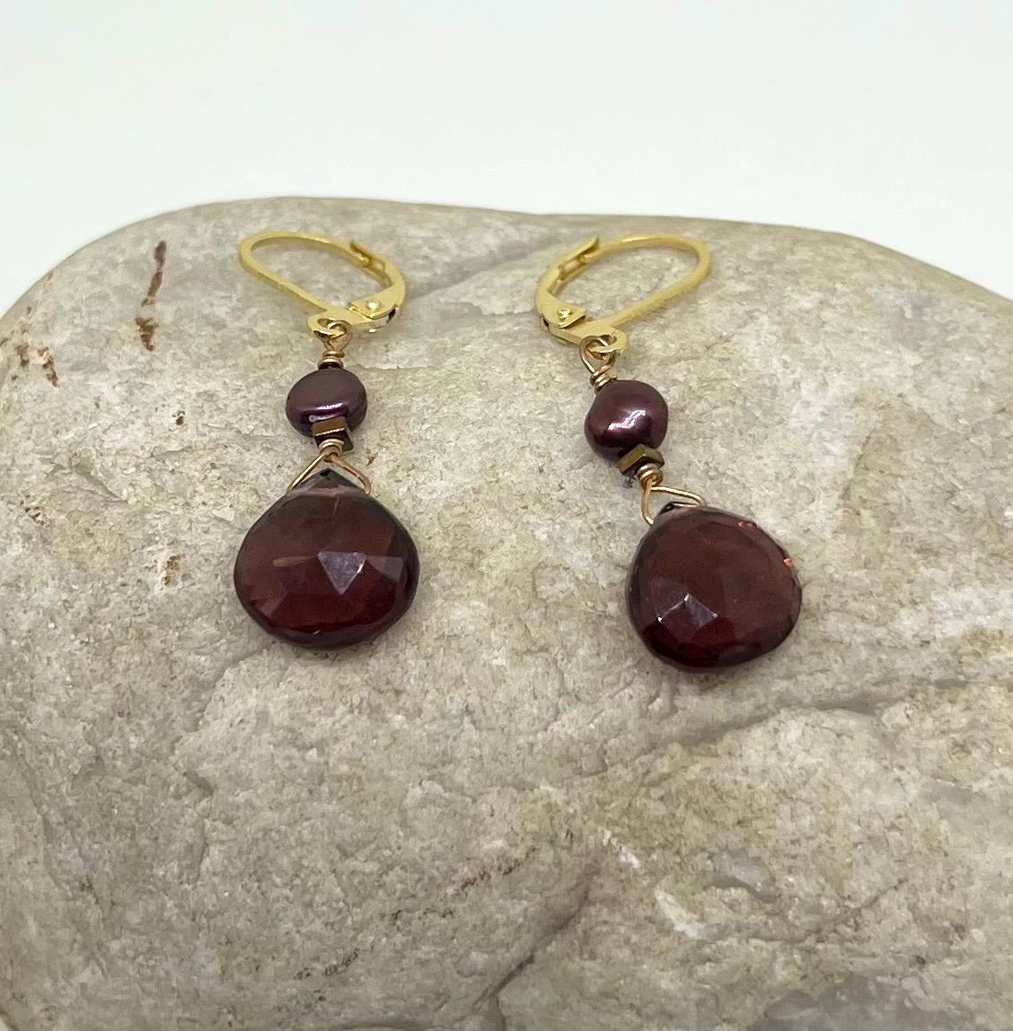 Red Gemstone Pearl Handmade Gold Dangle Earrings, Vermeil, Quartz