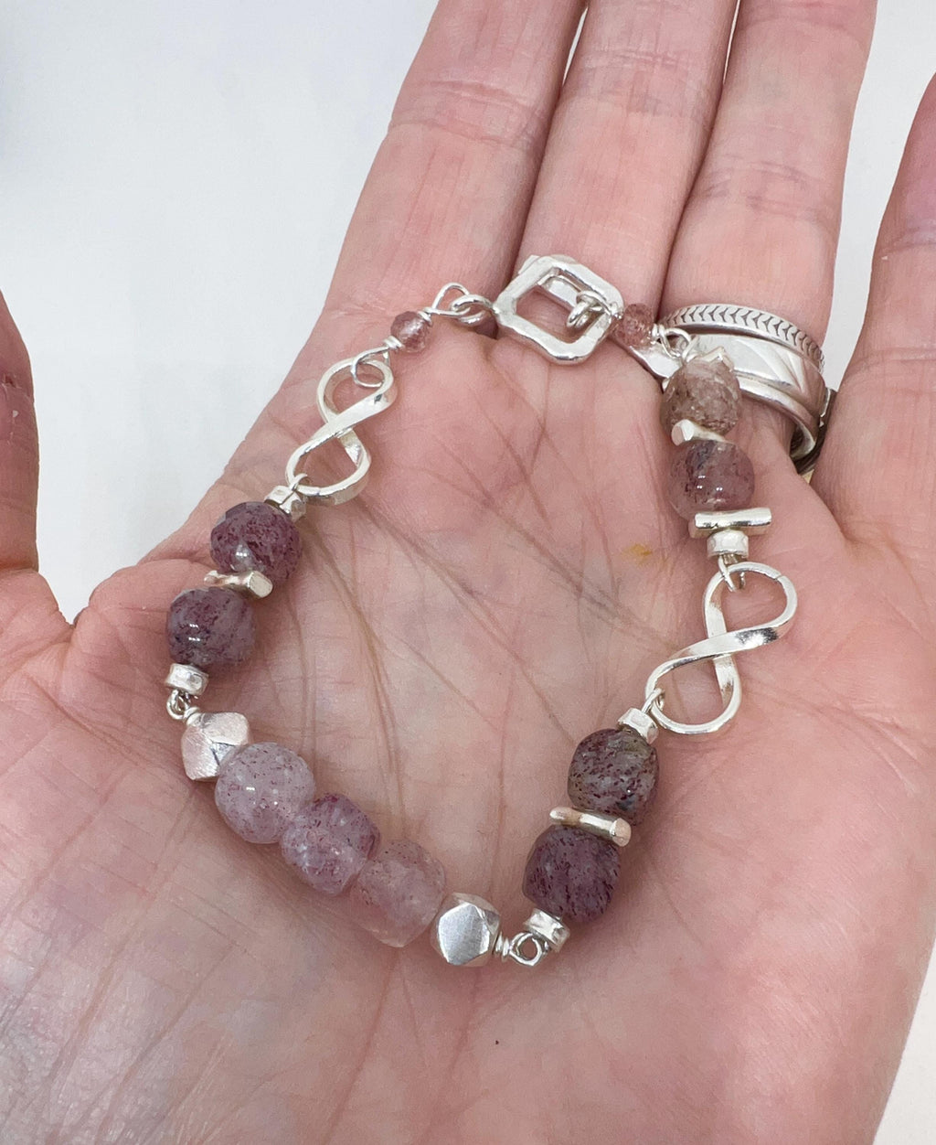 Handmade Bracelet Strawberry Quartz Sterling Silver, Infinity, Pink Gemstone, Natural Stone, Beaded
