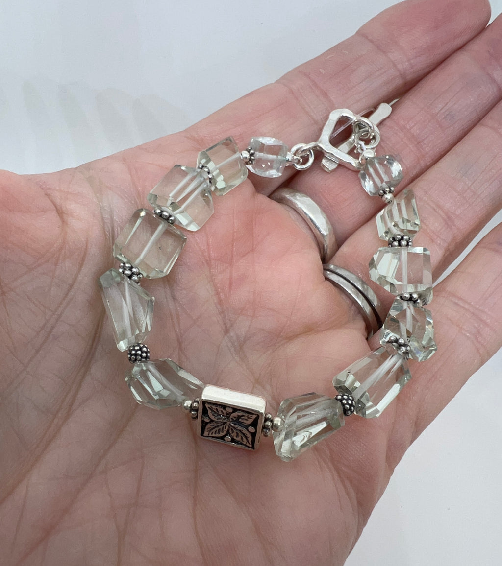 Handmade Pale Green Gemstone Bracelet, Green Amethyst Bracelet, Sterling Silver Bracelet, Prasiolite Beaded Bracelet