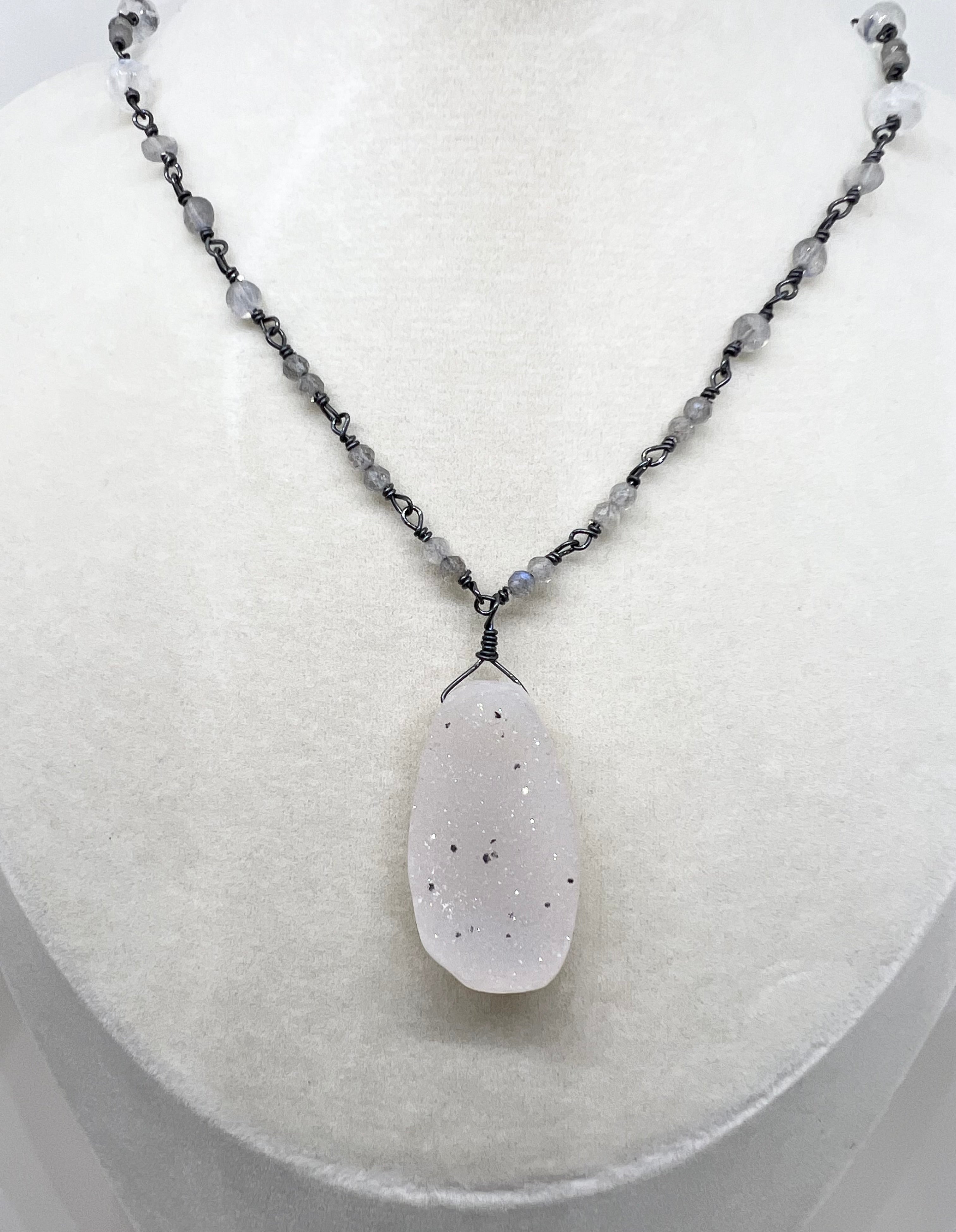 Handmade Pale Pink Gemstone Necklace, Drusy Chalcedony Necklace, Beaded Gemstone Necklace, Sterling Silver Rosary Chain Necklace