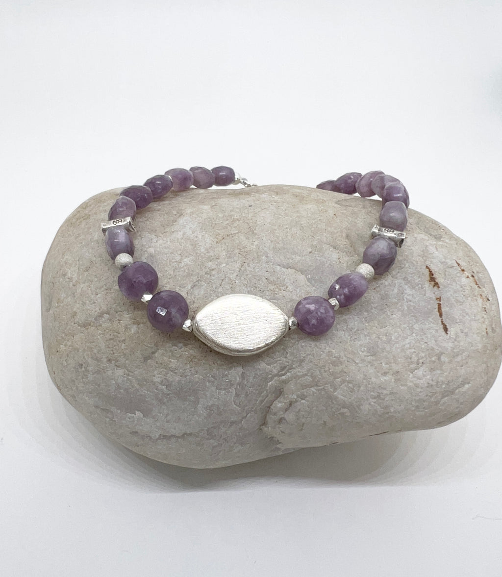 Handmade Purple Gemstone Bracelet, Lepidolite Bracelet, Beaded Bracelet, Sterling Silver Bracelet