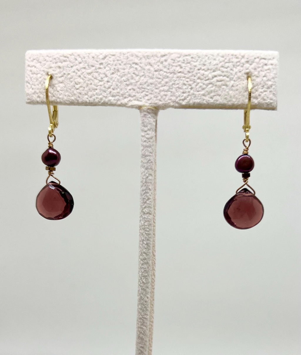 Red Gemstone Pearl Handmade Gold Dangle Earrings, Vermeil, Quartz