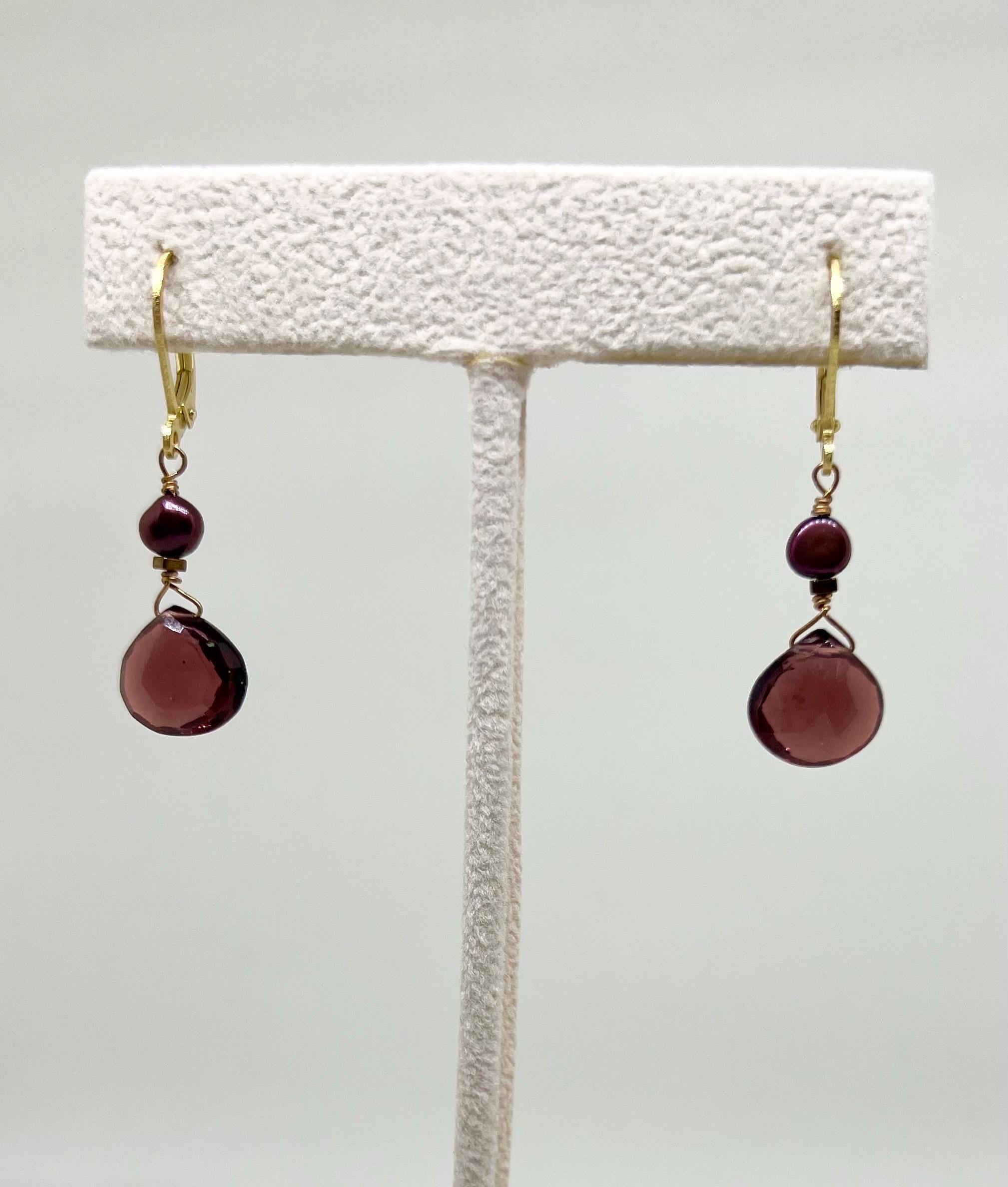 Red Gemstone Pearl Handmade Gold Dangle Earrings, Vermeil, Quartz