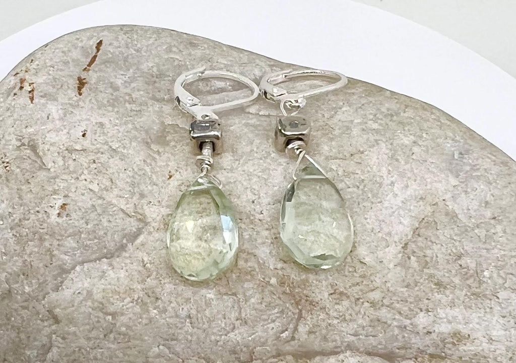 Pale Green Gemstone Silver Dangle Earrings, Green Amethyst, Prasiolite, Handmade, Teardrop Shape