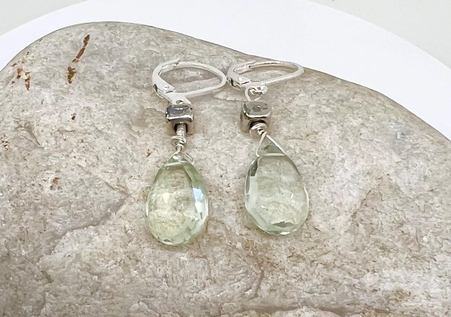 Pale Green Gemstone Silver Dangle Earrings, Green Amethyst, Prasiolite, Handmade, Teardrop Shape