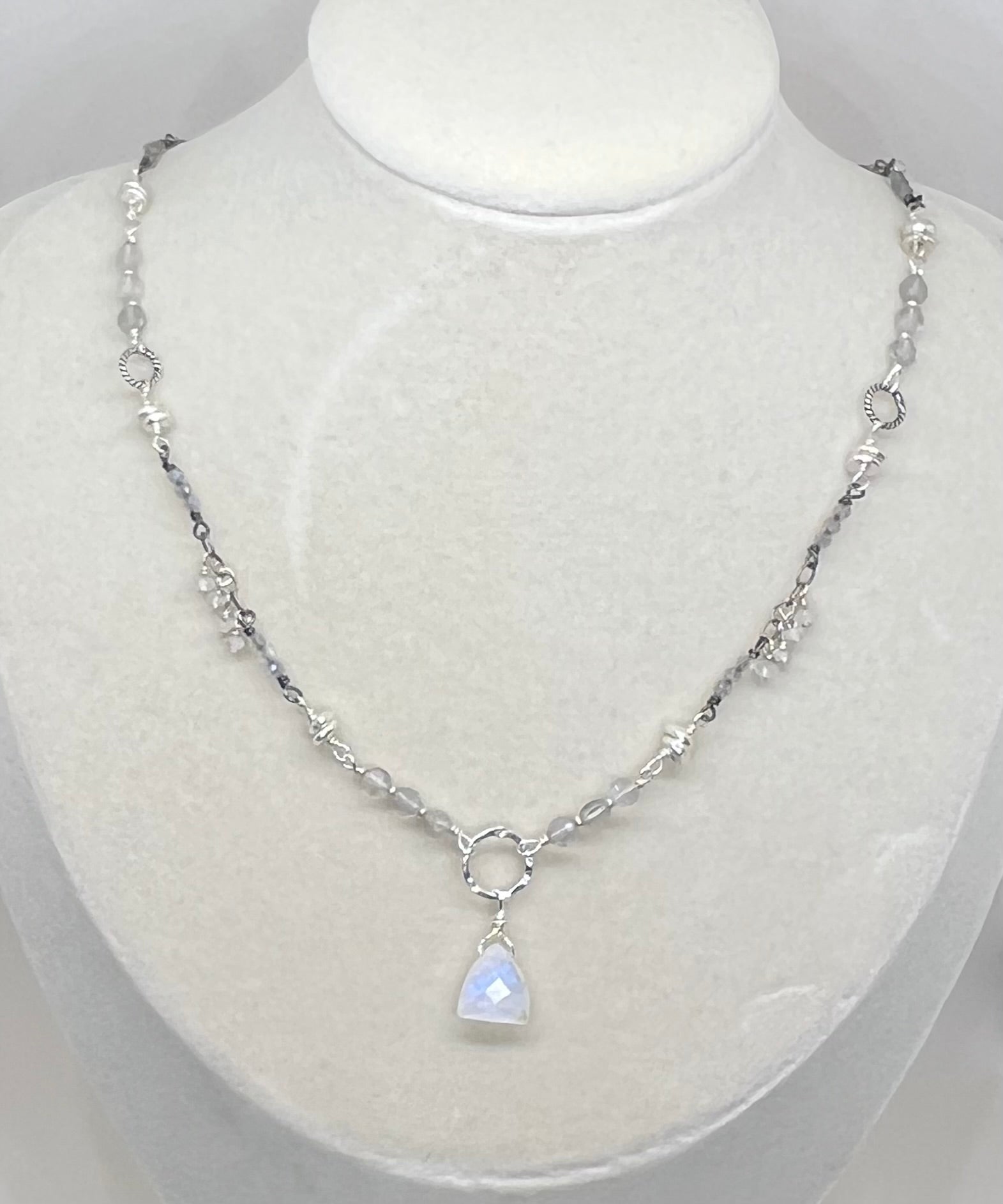 Handmade Moonstone Pendant Necklace, Rainbow Moonstone Necklace, Gemstone Beaded Necklace, Sterling Silver Necklace