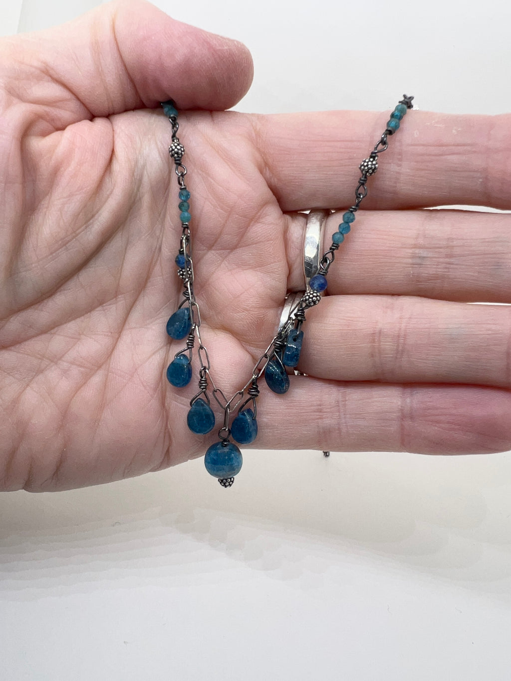 Handmade Blue Gemstone Necklace, Apatite Necklace, Beaded Natural Stone Necklace, Pendant Necklace, Sterling Silver Necklace