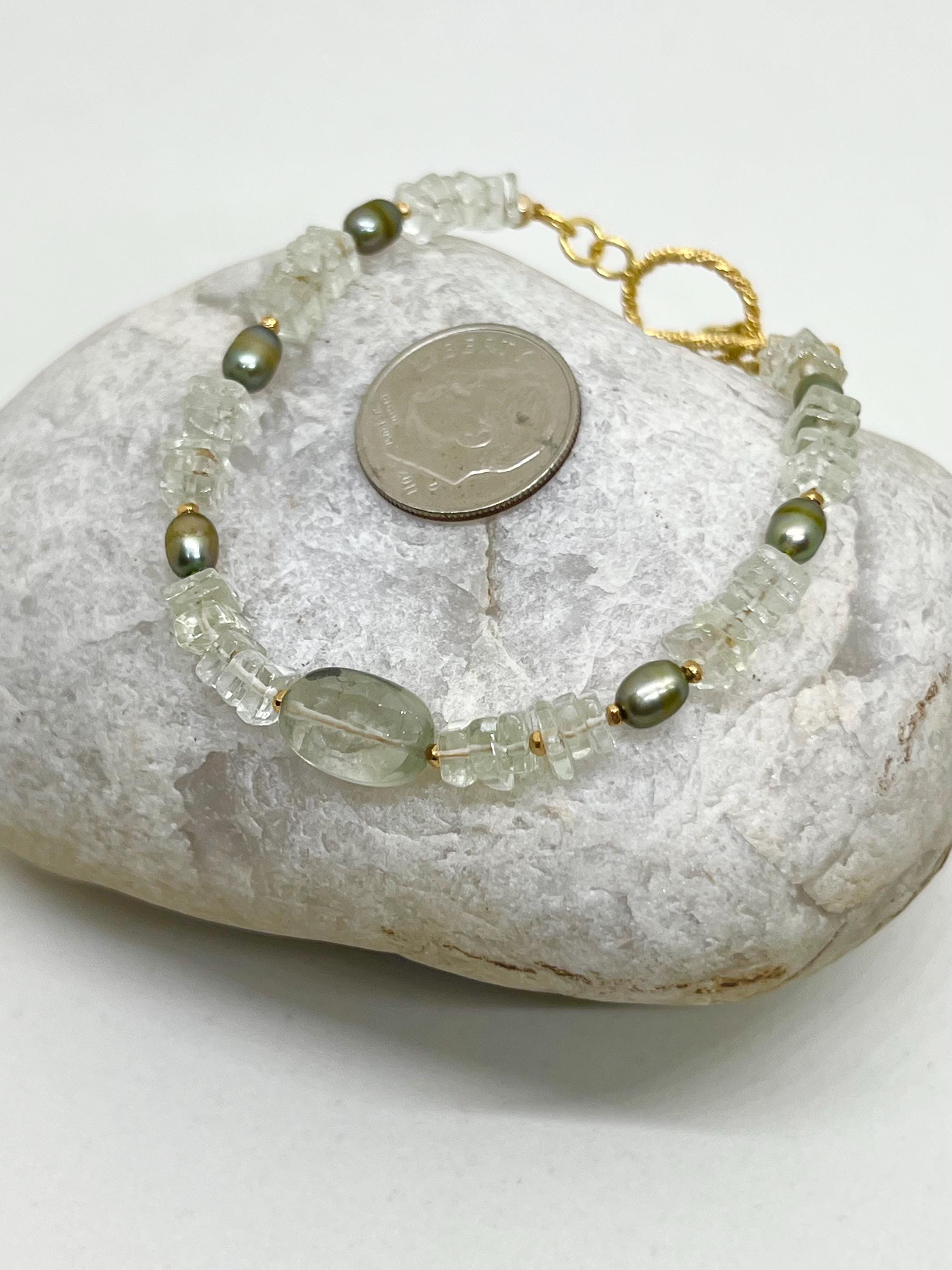 Green Handmade Beaded Bracelet, Pearl, Prasiolite, Green Amethyst, Vermeil, Natural Stone