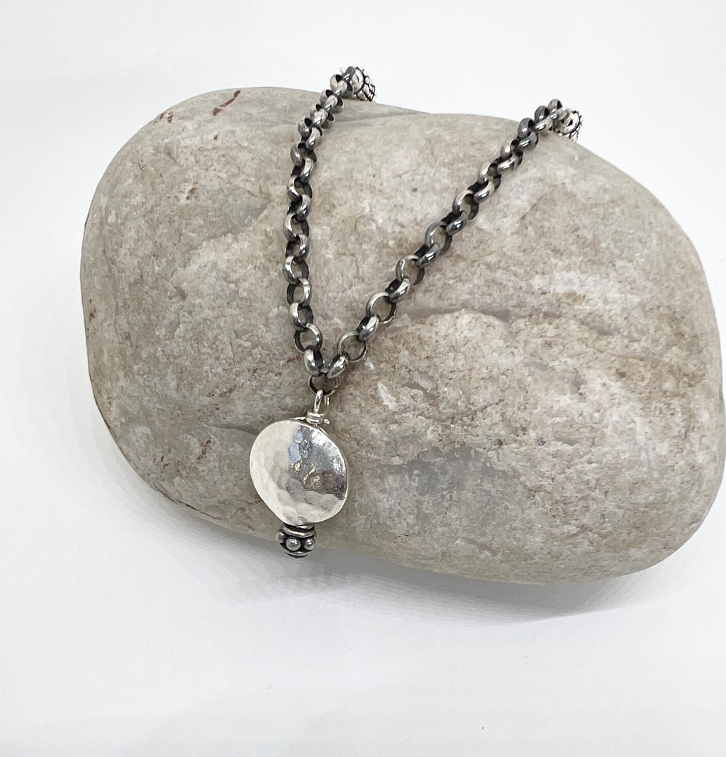Handmade Sterling Silver Pendant Necklace, Hammered Sterling Silver Beaded Necklace